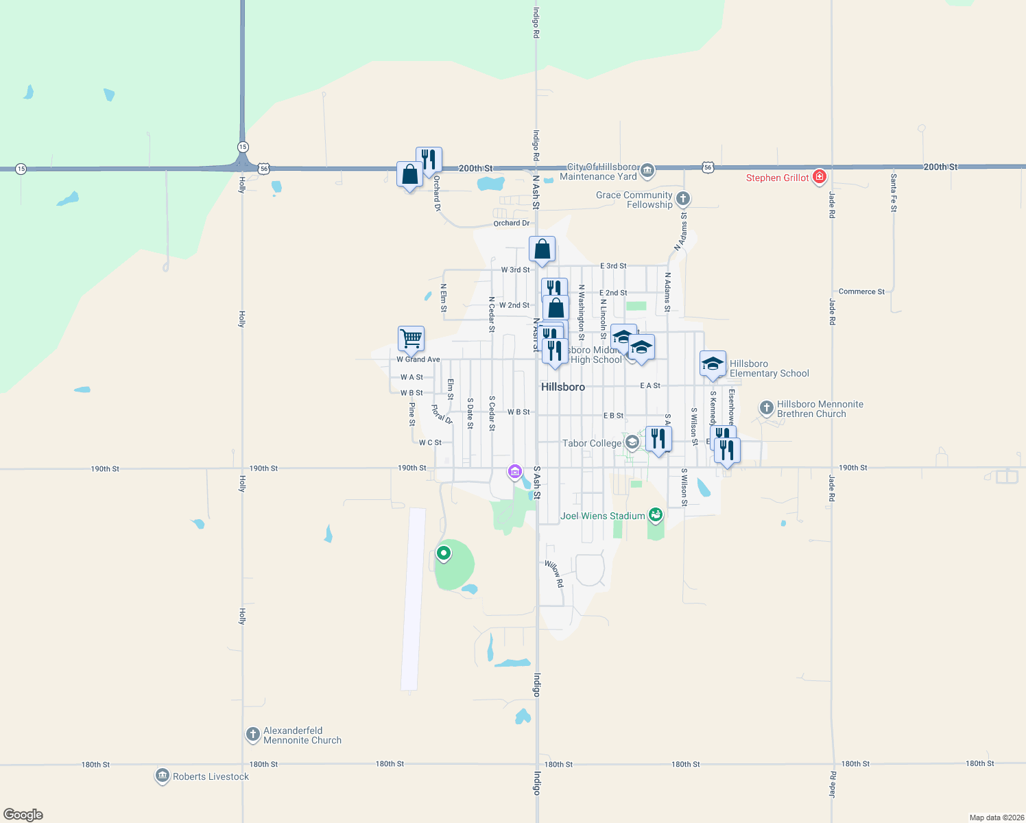 map of restaurants, bars, coffee shops, grocery stores, and more near 298 S Birch St in Hillsboro