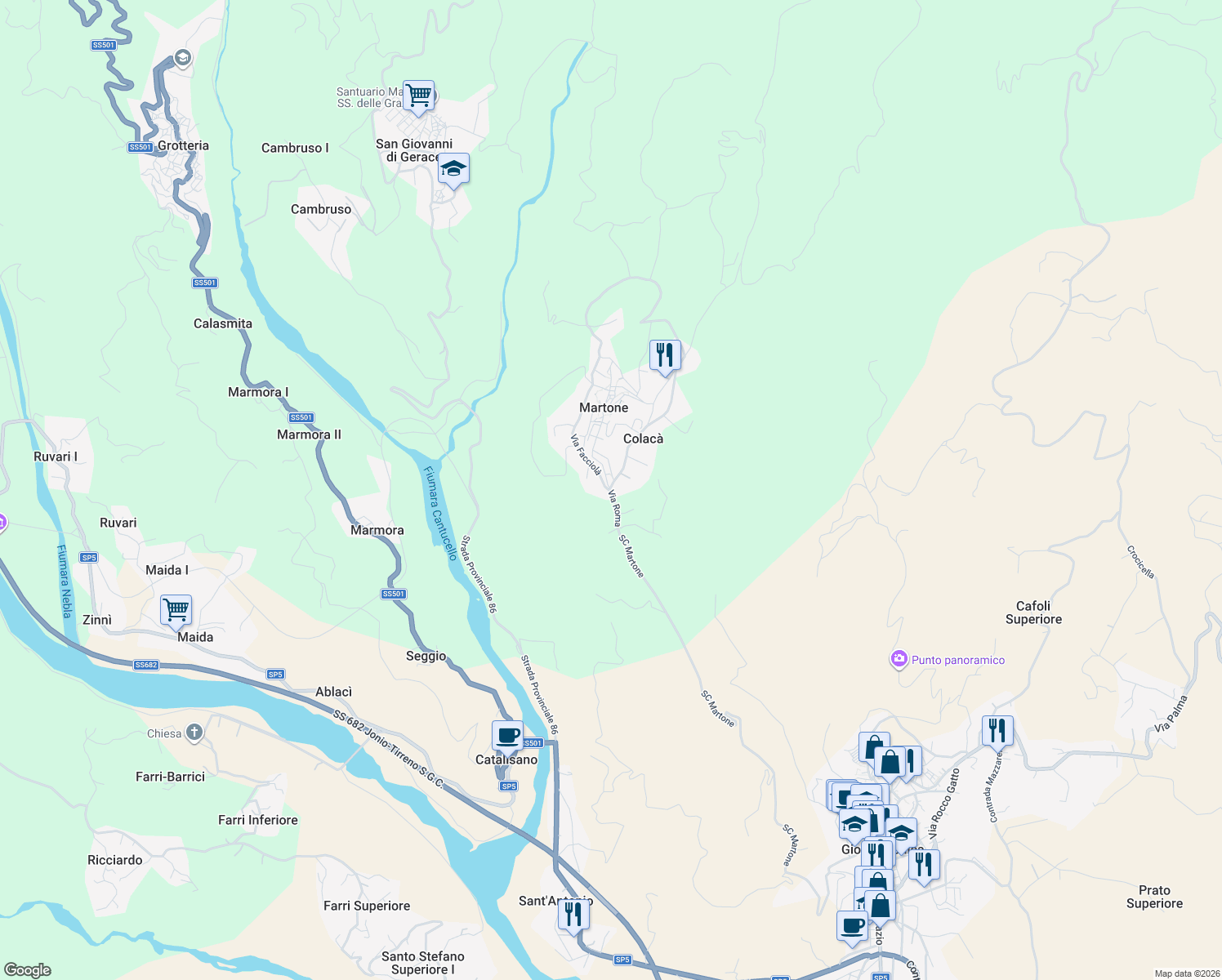 map of restaurants, bars, coffee shops, grocery stores, and more near 38 Via Roma in Colacà