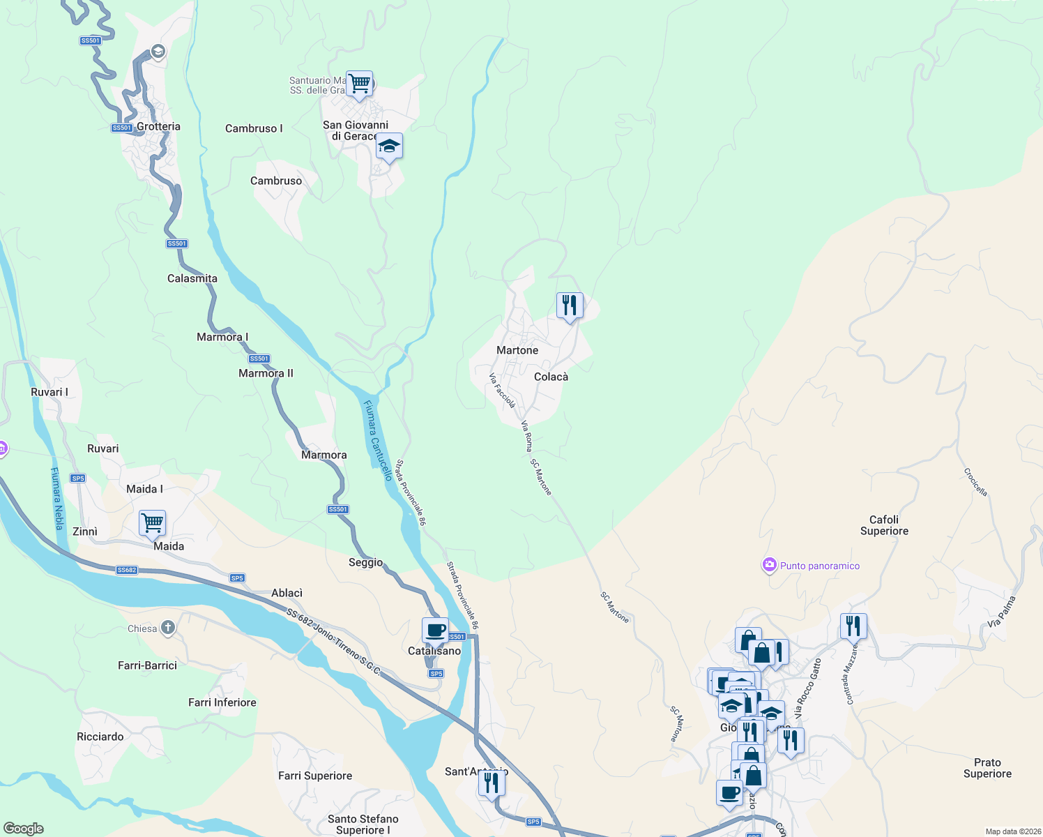 map of restaurants, bars, coffee shops, grocery stores, and more near 38 Via Roma in Colacà