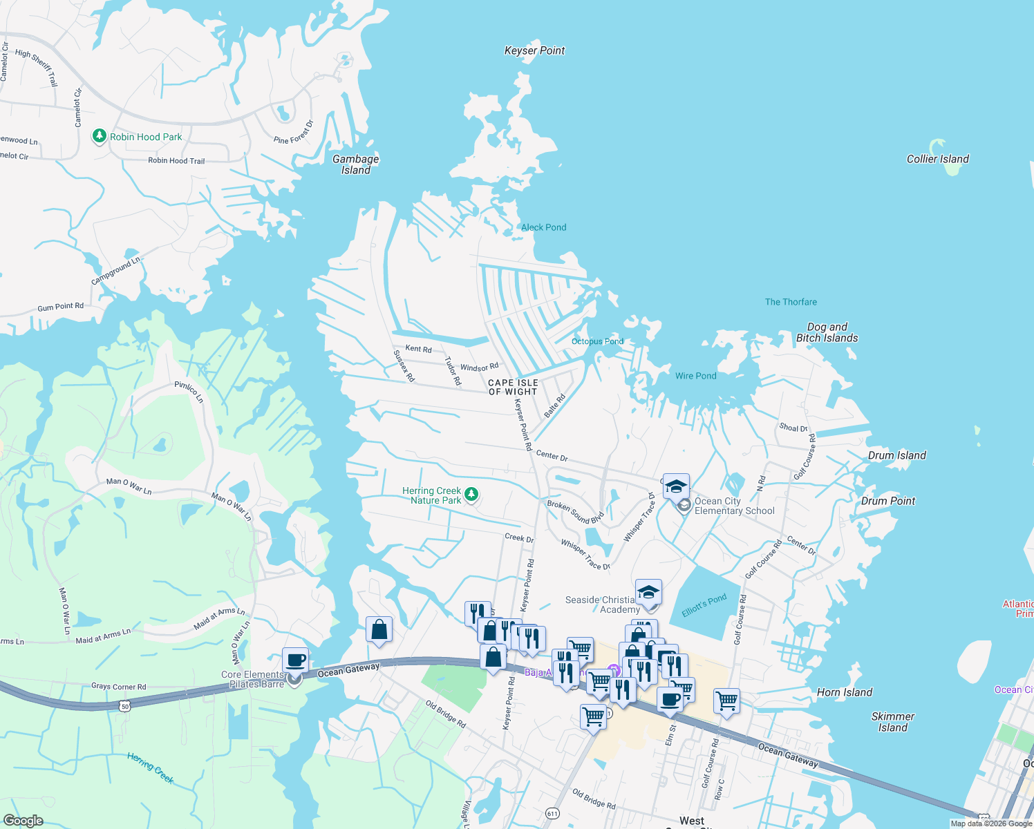 map of restaurants, bars, coffee shops, grocery stores, and more near 10314 Keyser Point Road in Ocean City