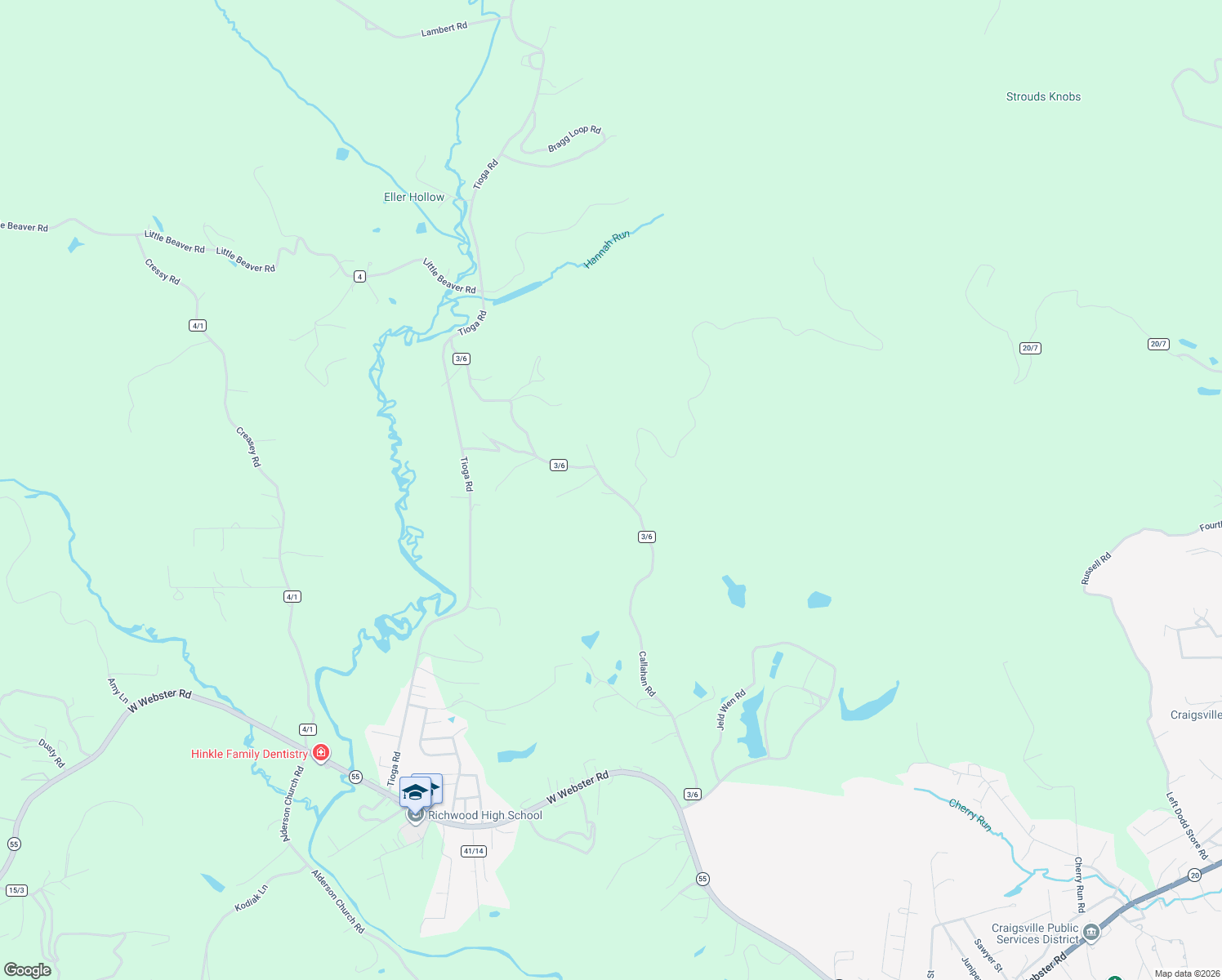map of restaurants, bars, coffee shops, grocery stores, and more near 1047 Callahan Rd in Craigsville
