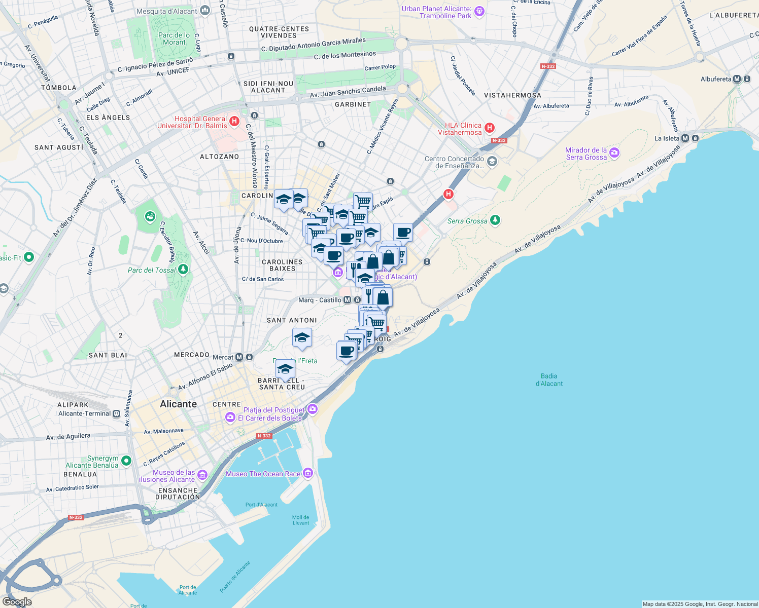 map of restaurants, bars, coffee shops, grocery stores, and more near 29 Avinguda de Dénia in Alacant