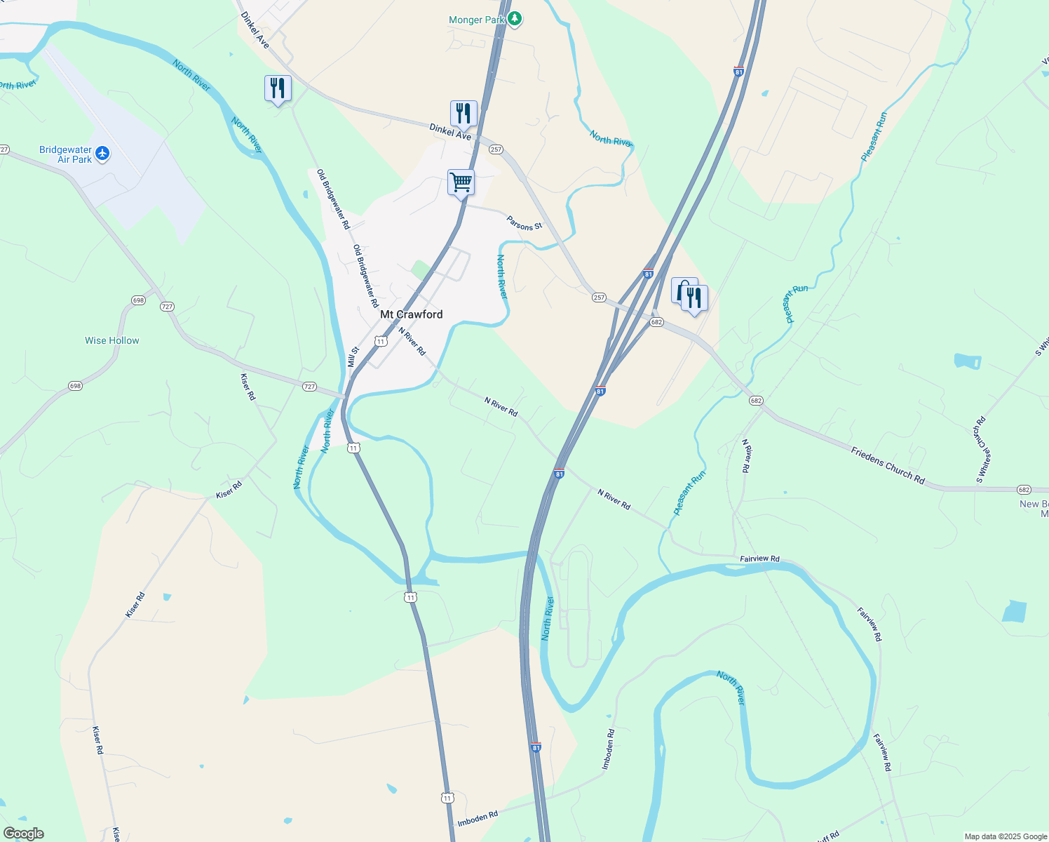 map of restaurants, bars, coffee shops, grocery stores, and more near 476 North River Road in Mount Crawford