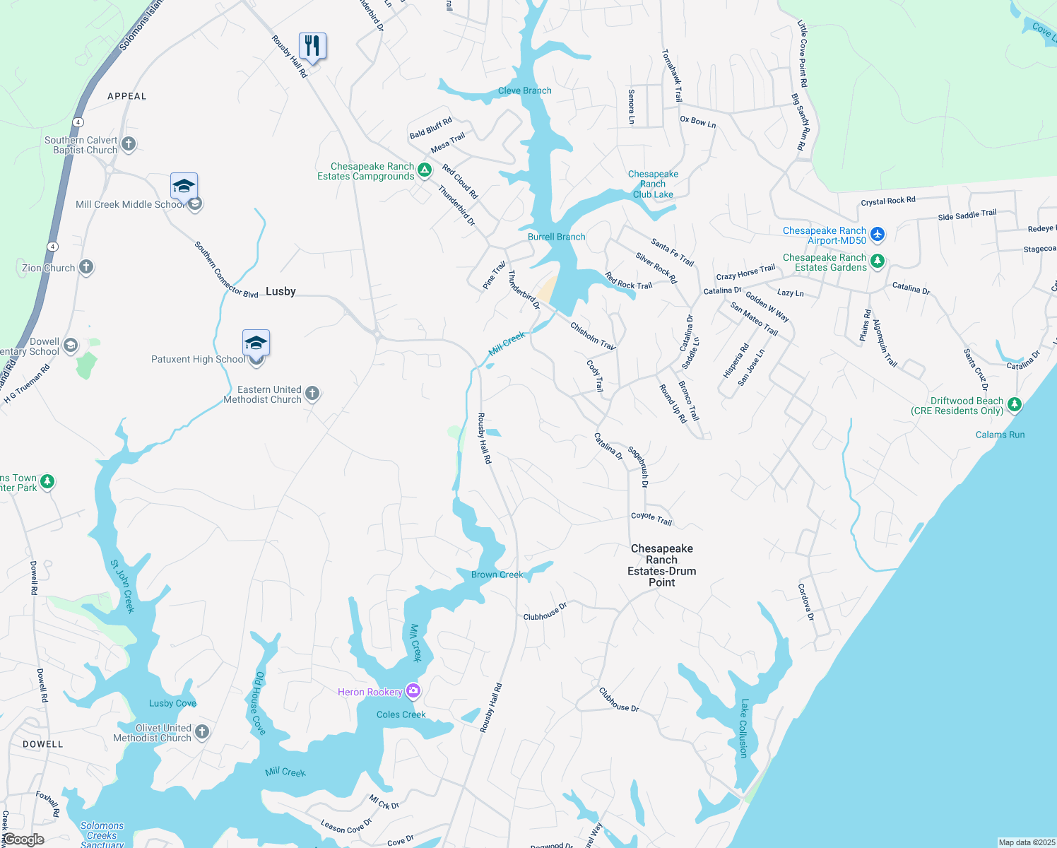 map of restaurants, bars, coffee shops, grocery stores, and more near 1885 Robin Court in Lusby