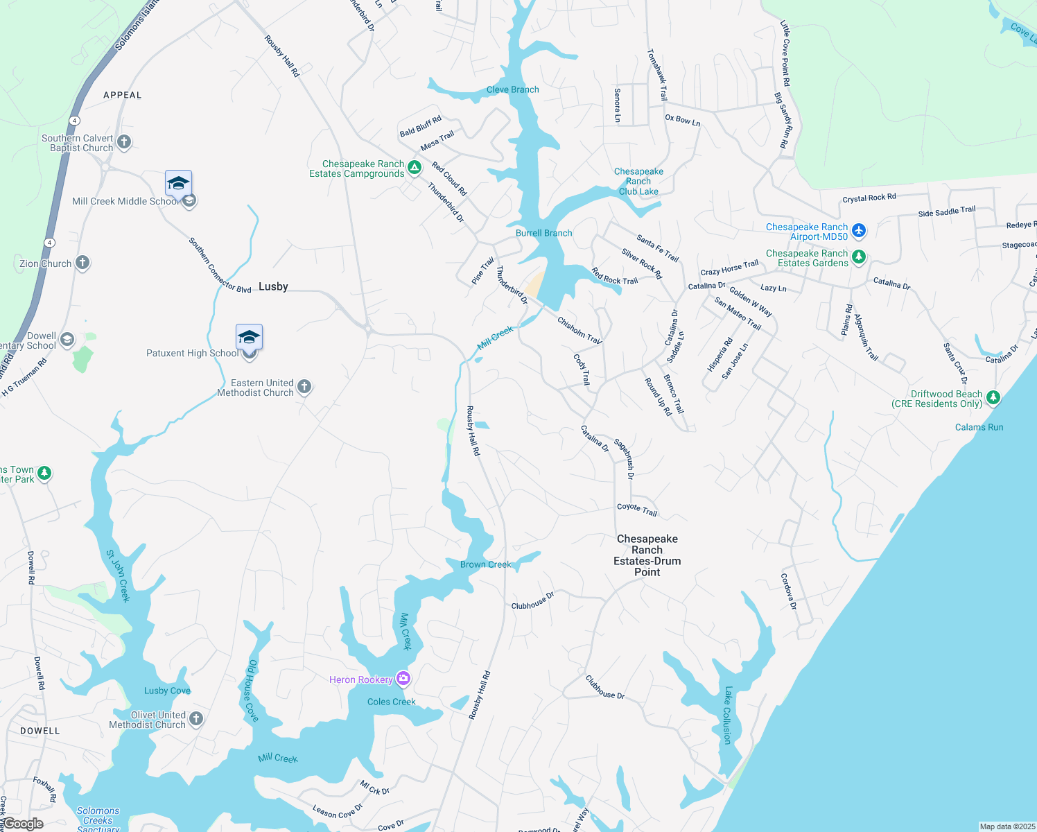 map of restaurants, bars, coffee shops, grocery stores, and more near 1885 Robin Court in Lusby