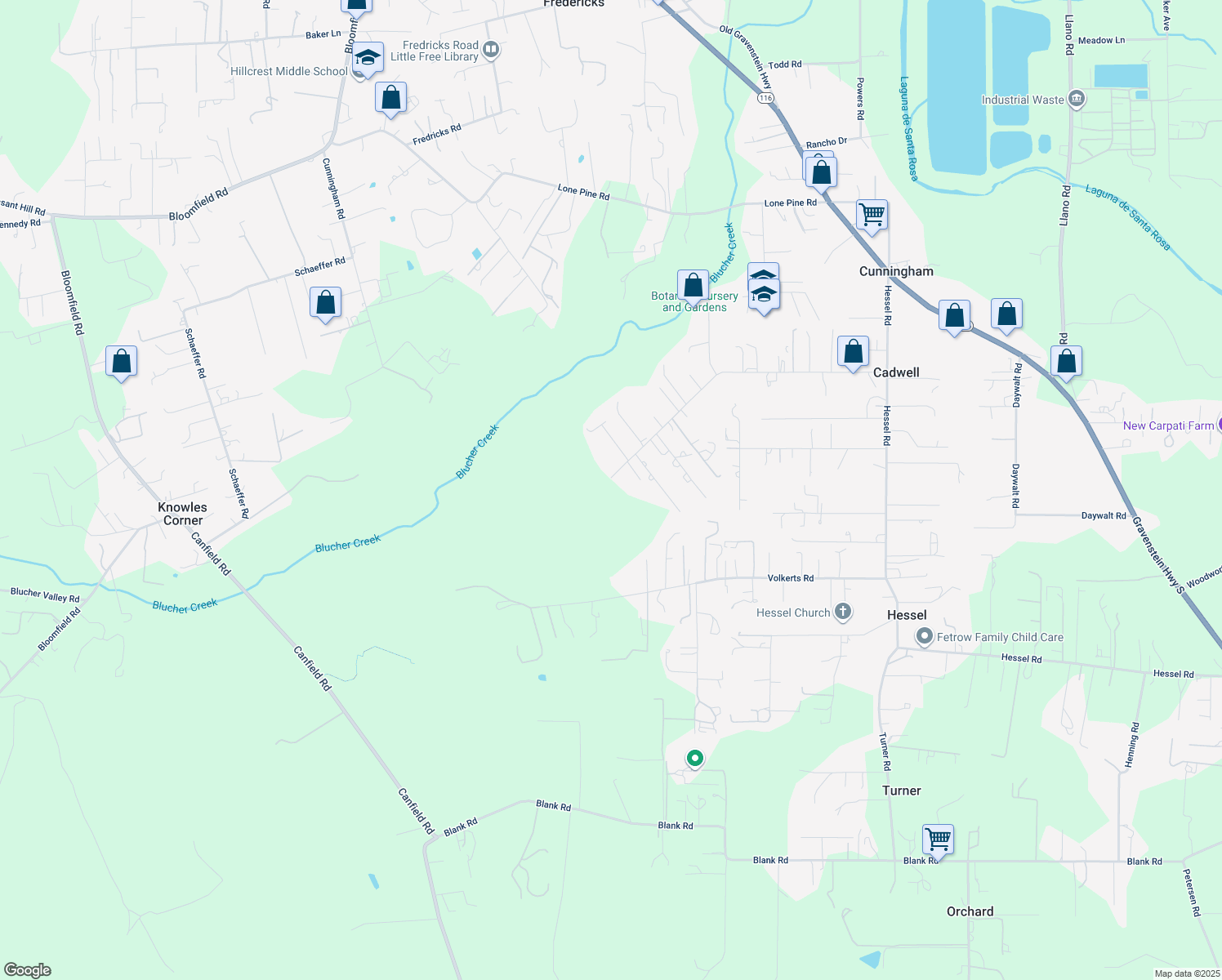 map of restaurants, bars, coffee shops, grocery stores, and more near 5855 McFarlane Road in Sebastopol
