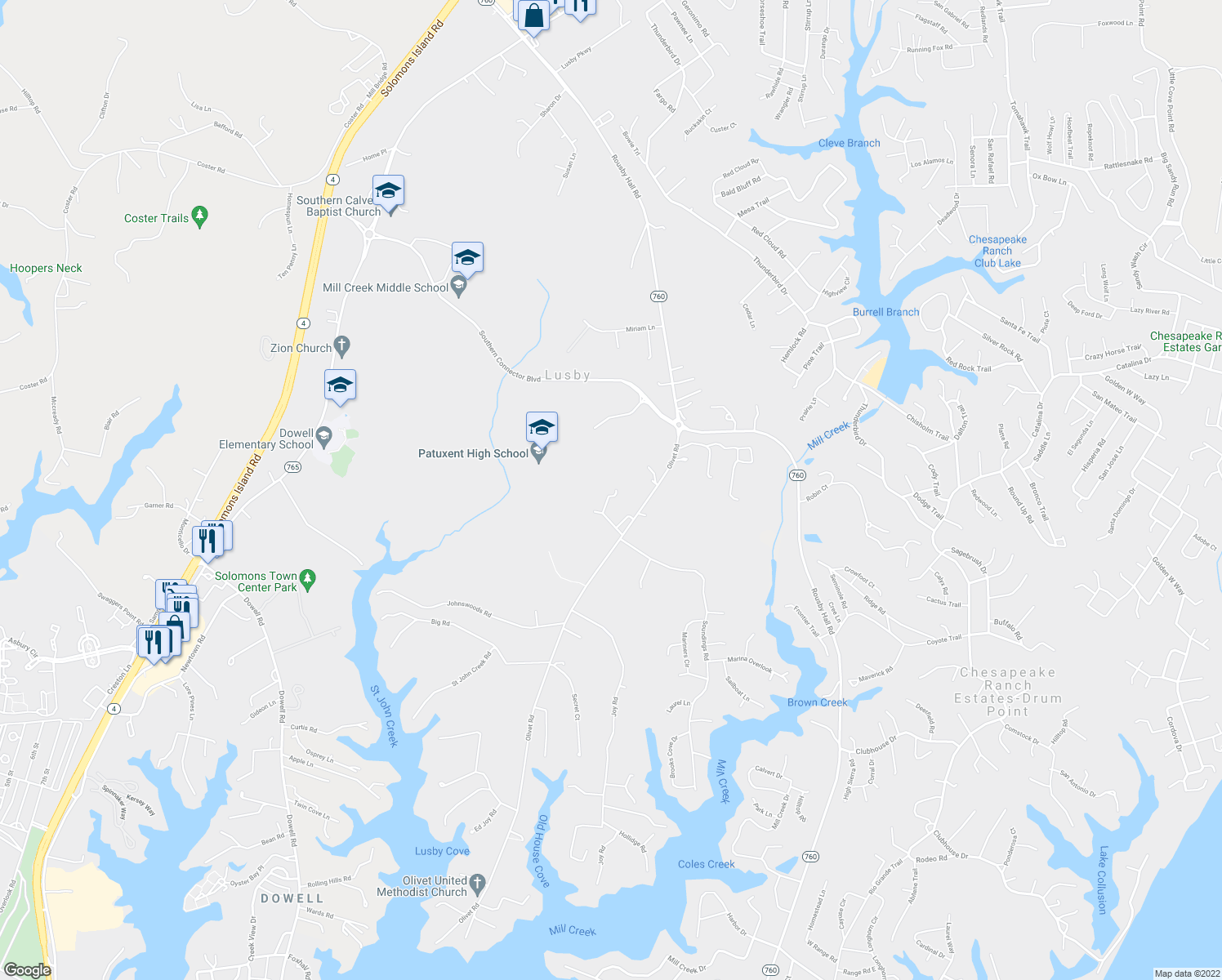 map of restaurants, bars, coffee shops, grocery stores, and more near in Lusby
