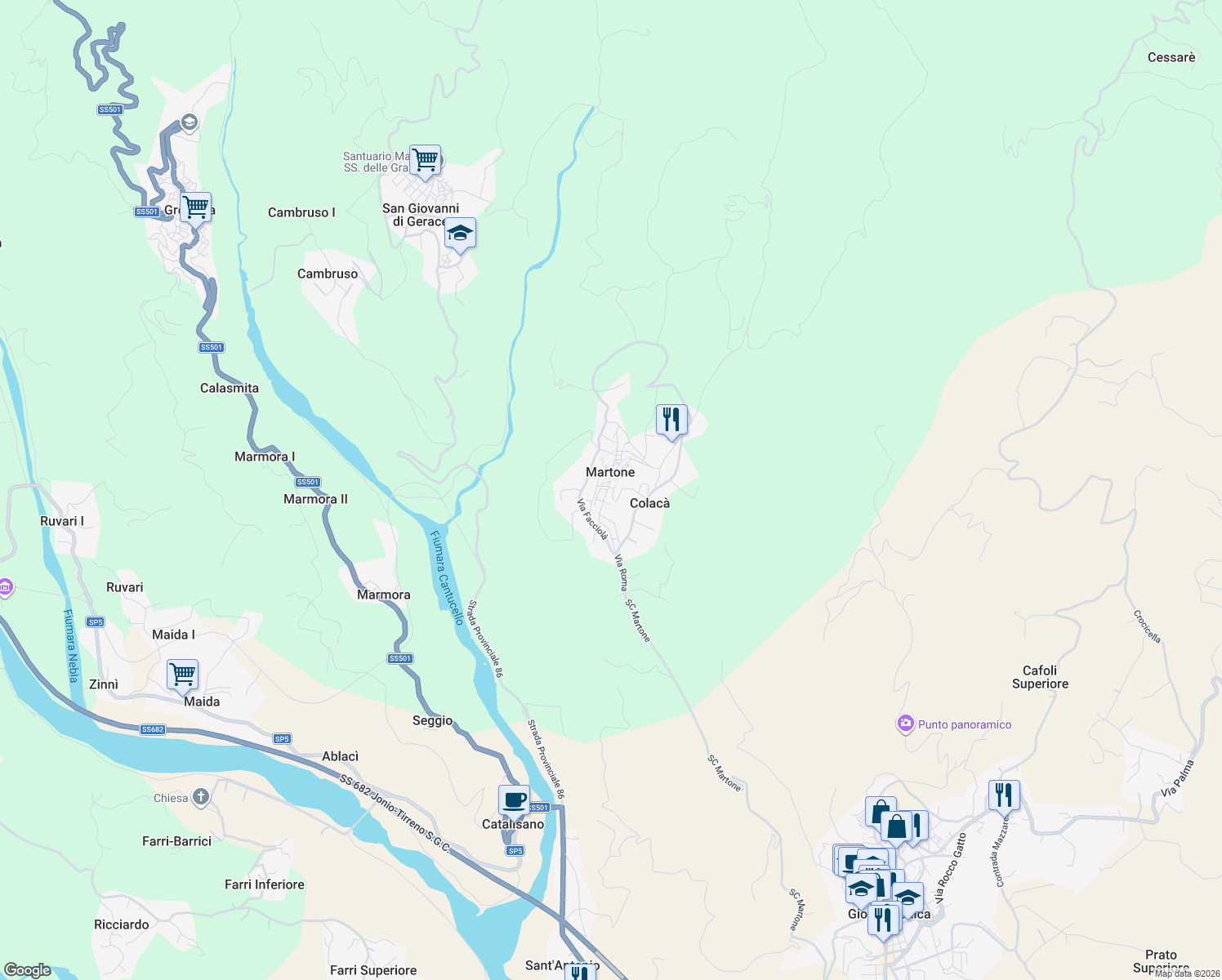 map of restaurants, bars, coffee shops, grocery stores, and more near 21 Via Colacà in Martone
