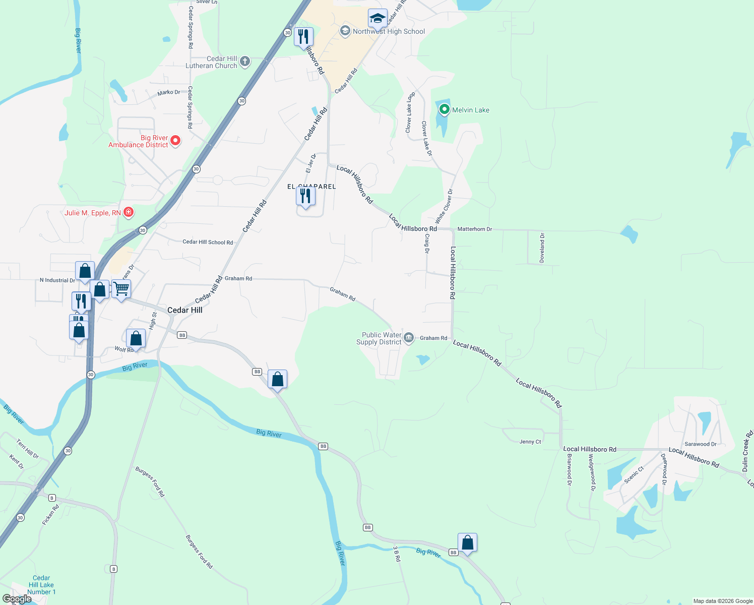 map of restaurants, bars, coffee shops, grocery stores, and more near 8131 Graham Road in Cedar Hill