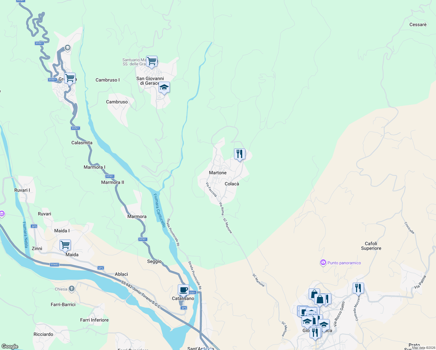 map of restaurants, bars, coffee shops, grocery stores, and more near 21 Via Colacà in Martone