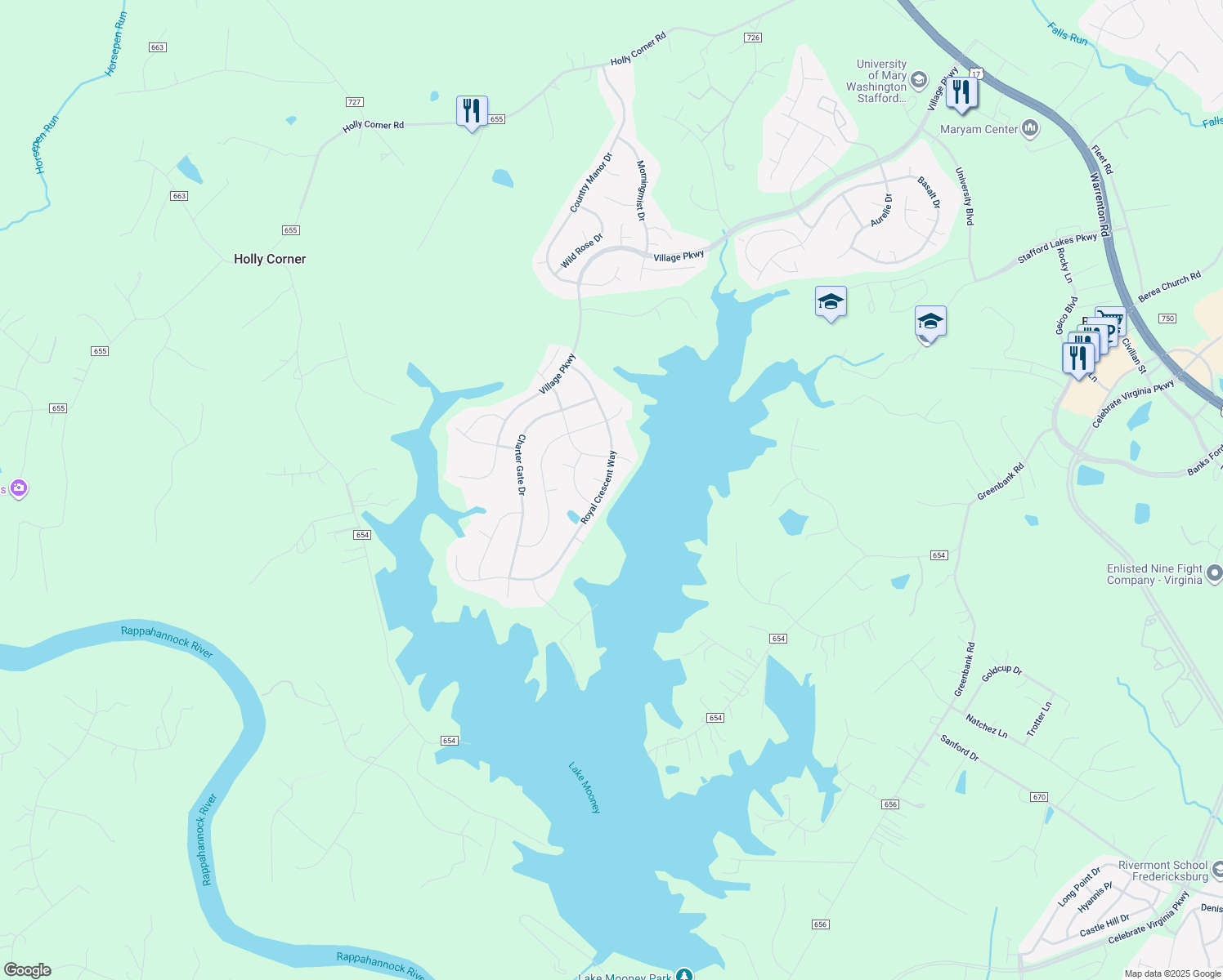 map of restaurants, bars, coffee shops, grocery stores, and more near 47 Royal Crescent Way in Fredericksburg