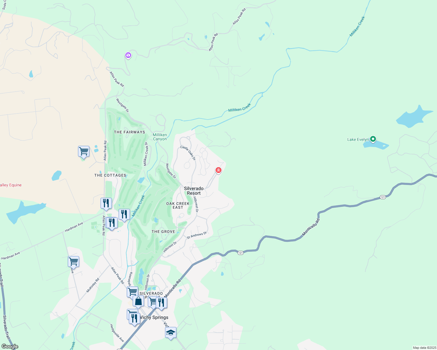 map of restaurants, bars, coffee shops, grocery stores, and more near 541 Westgate Drive in Napa