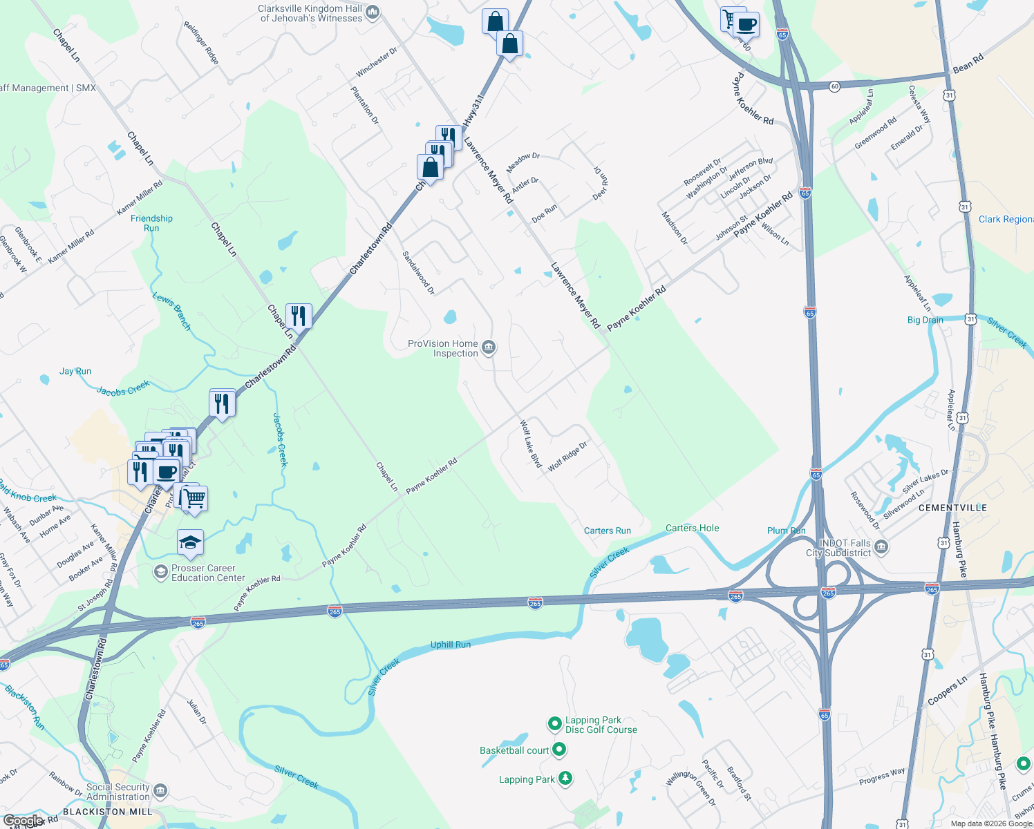map of restaurants, bars, coffee shops, grocery stores, and more near 4638 Payne Koehler Rd in New Albany