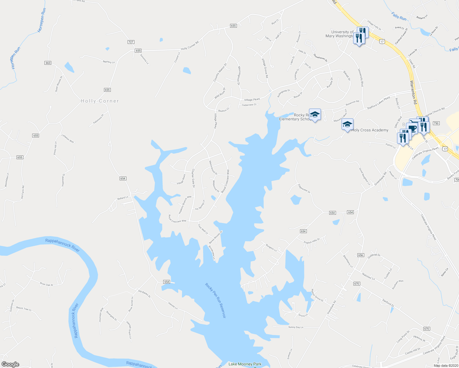 map of restaurants, bars, coffee shops, grocery stores, and more near 43 Royal Crescent Way in Fredericksburg
