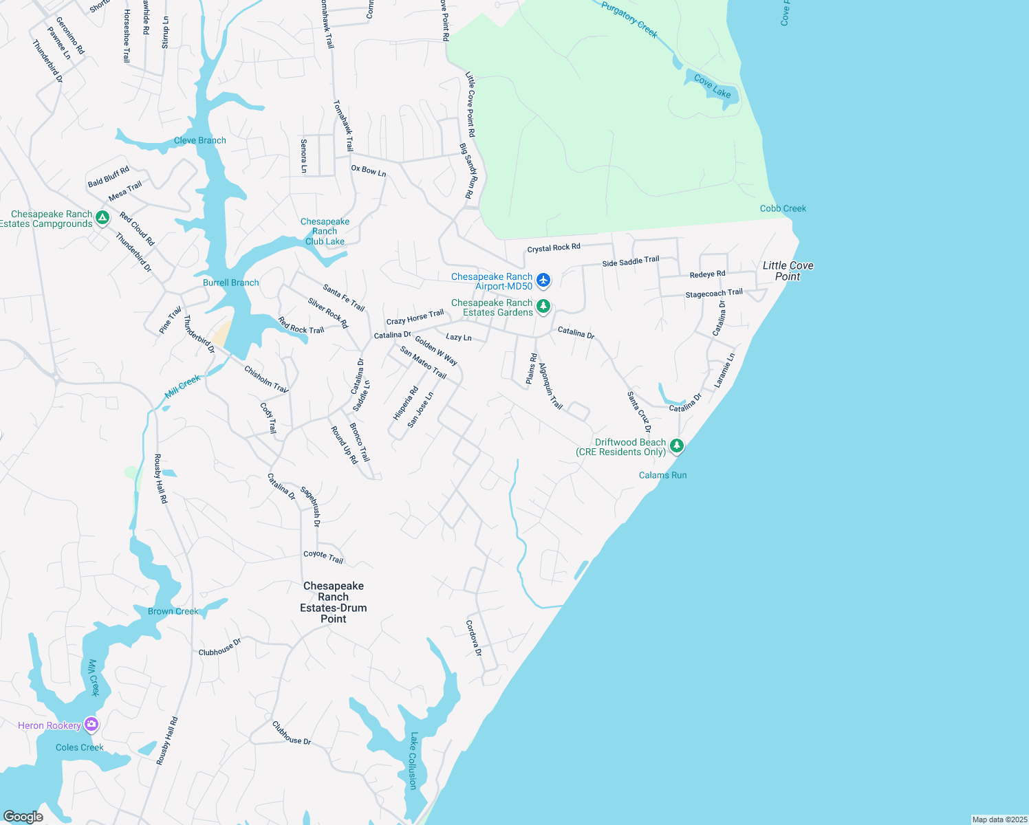 map of restaurants, bars, coffee shops, grocery stores, and more near 12424 Black Mesa Trail in Lusby