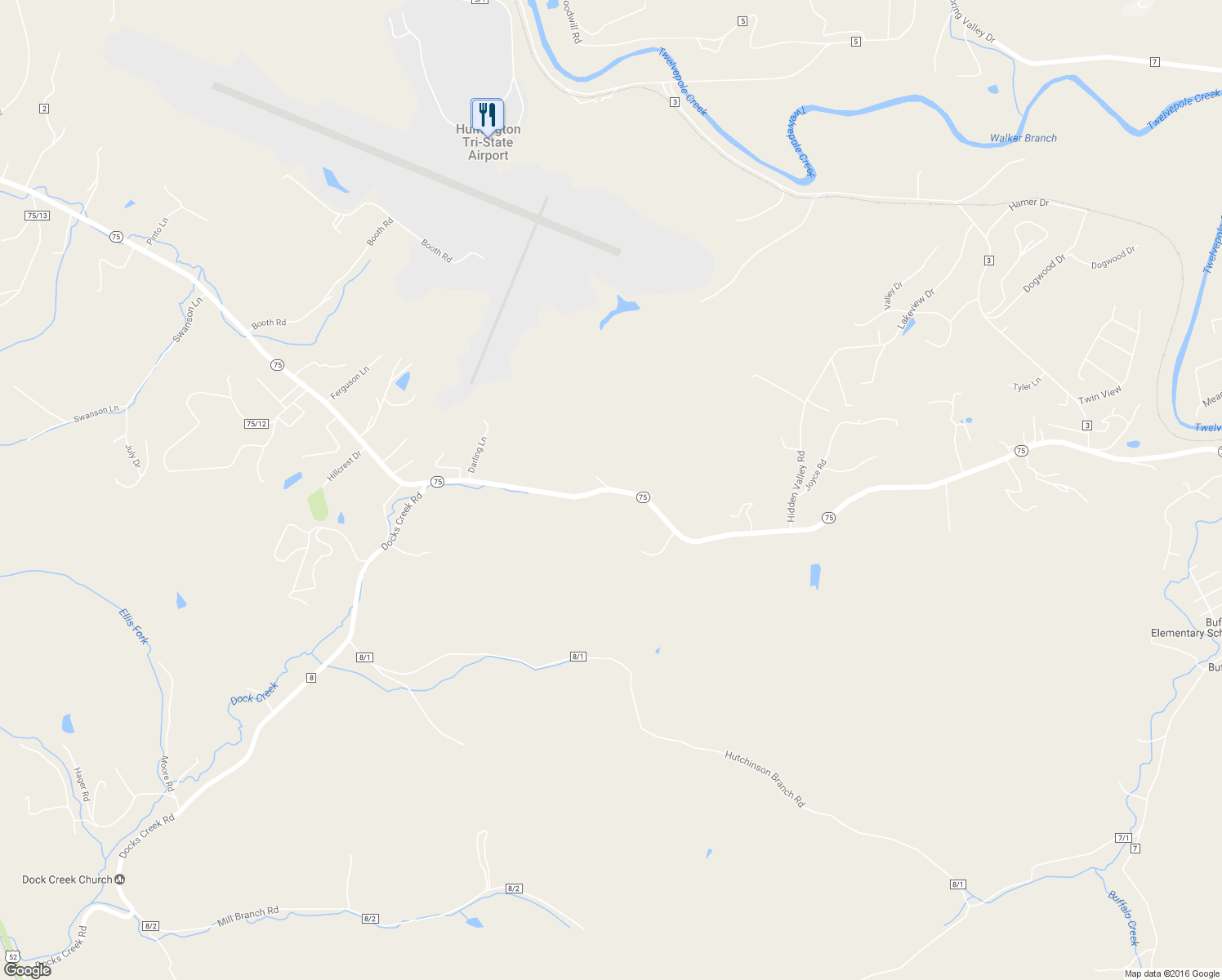 map of restaurants, bars, coffee shops, grocery stores, and more near 2372 West Virginia 75 in Kenova