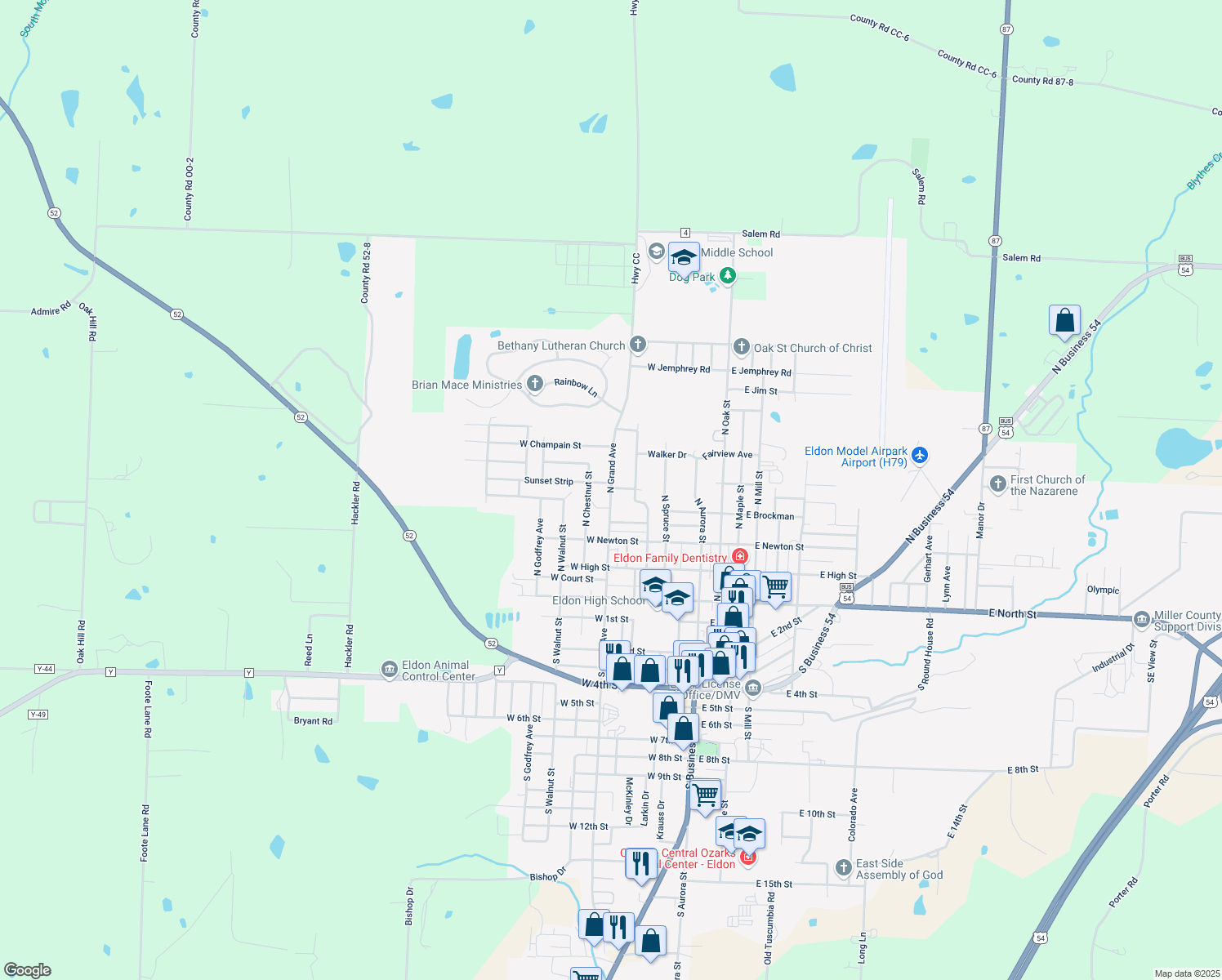 map of restaurants, bars, coffee shops, grocery stores, and more near 499 N Grand Ave in Eldon