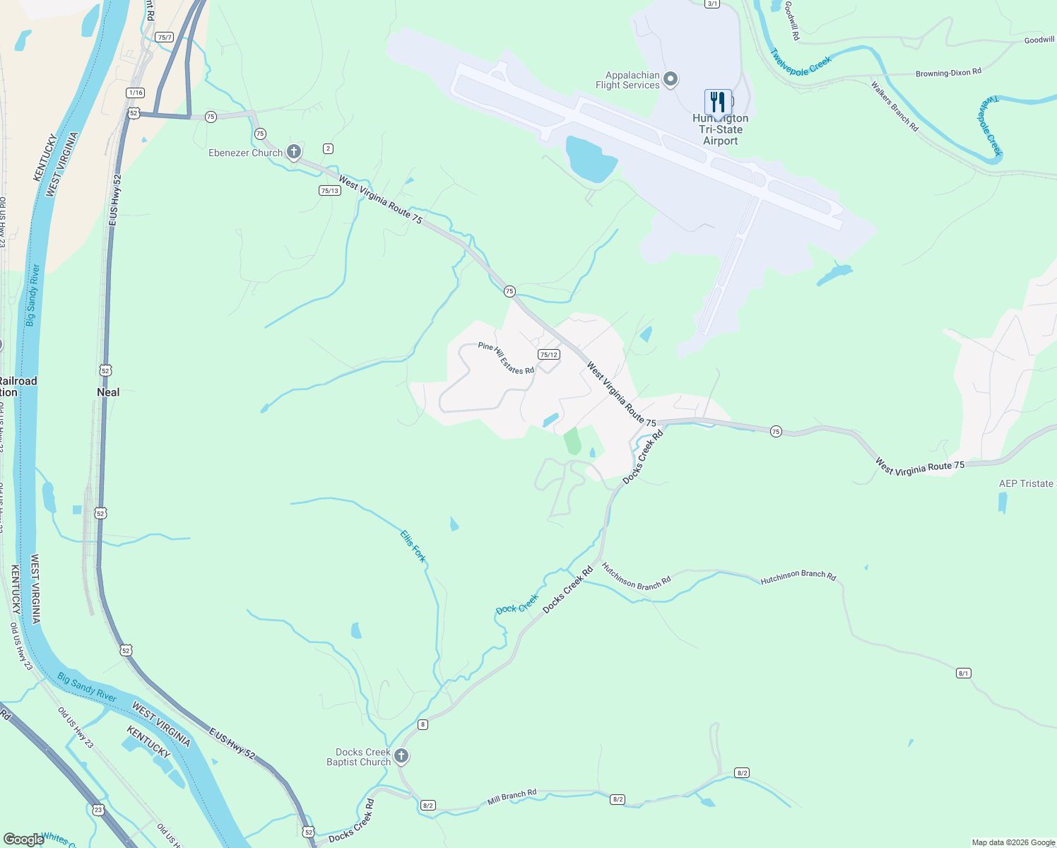 map of restaurants, bars, coffee shops, grocery stores, and more near 1067 Pine Court in Kenova