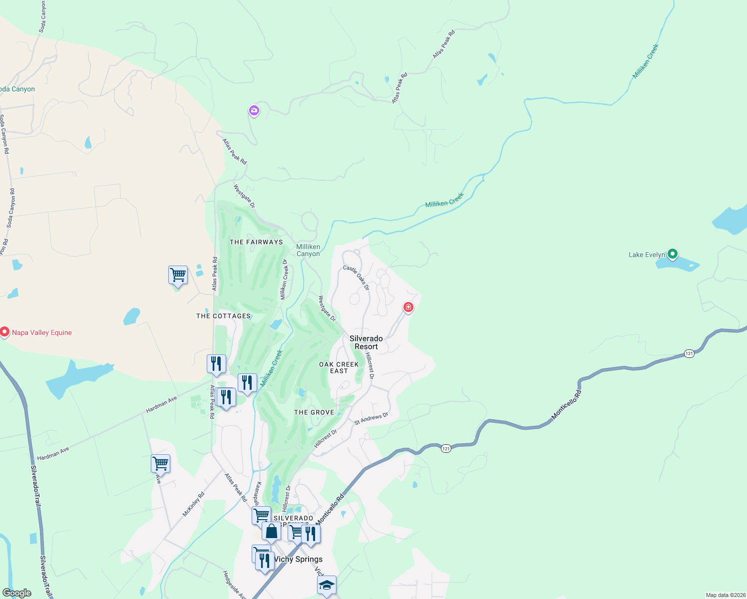 map of restaurants, bars, coffee shops, grocery stores, and more near 135 Stone Mountain Circle in Napa