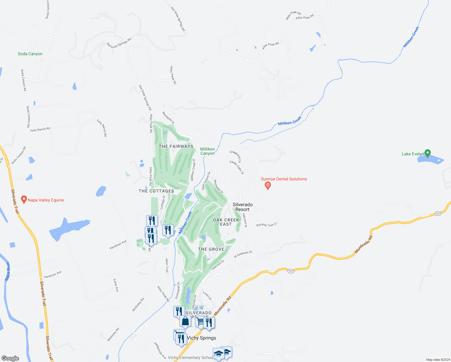 map of restaurants, bars, coffee shops, grocery stores, and more near 44 Greenbriar Circle in Napa