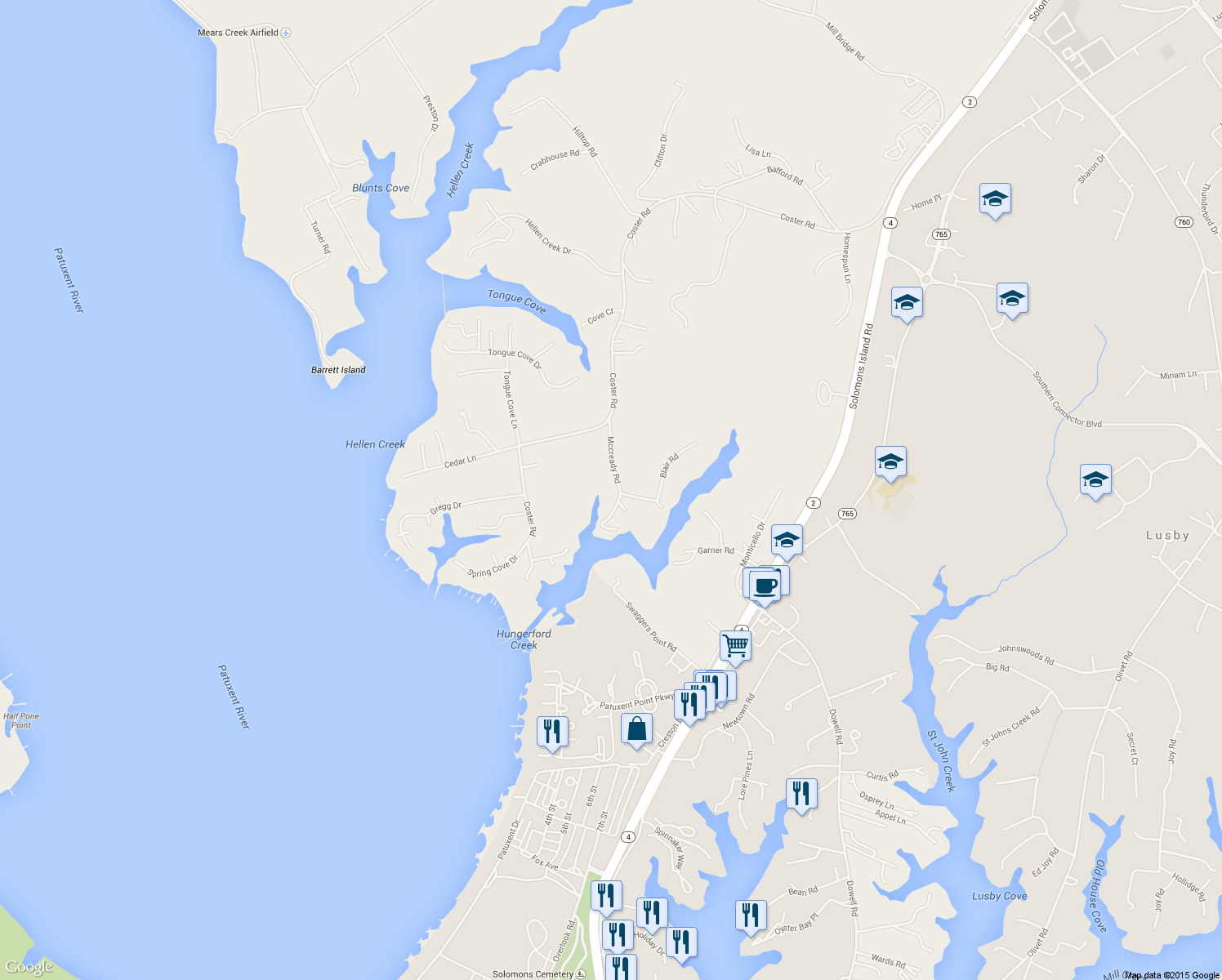 map of restaurants, bars, coffee shops, grocery stores, and more near 12855 Mccready Road in Lusby