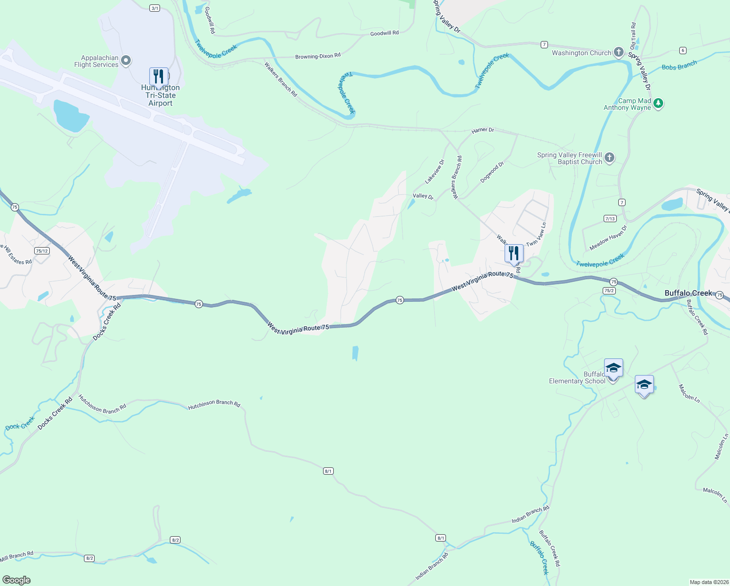 map of restaurants, bars, coffee shops, grocery stores, and more near 2578-2584 State Highway 75 in Kenova