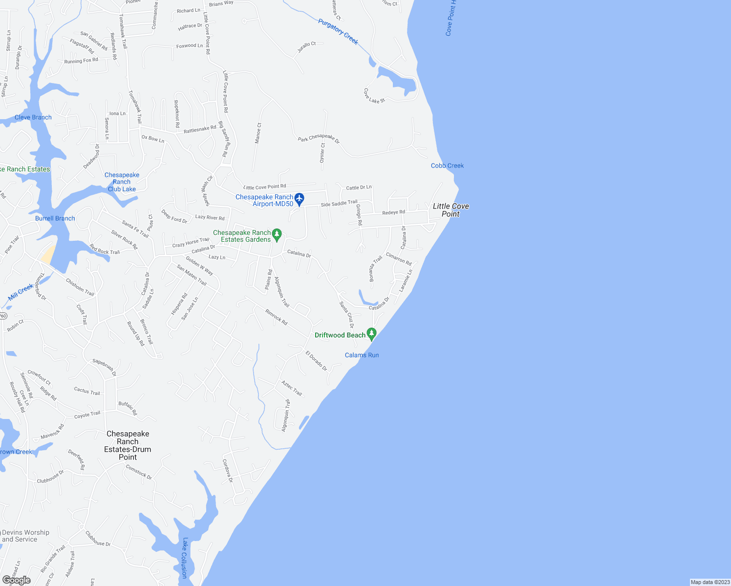 map of restaurants, bars, coffee shops, grocery stores, and more near 12223 Bonanza Trail in Lusby