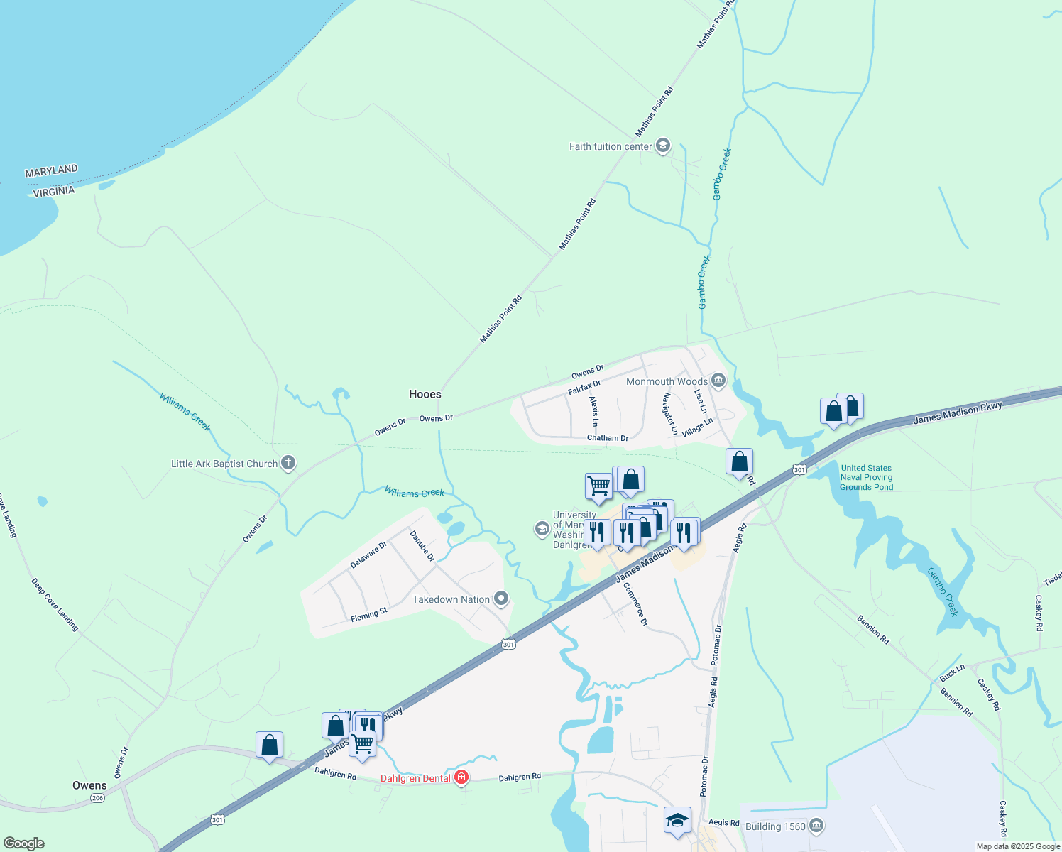 map of restaurants, bars, coffee shops, grocery stores, and more near 4355 Chatham Drive in King George