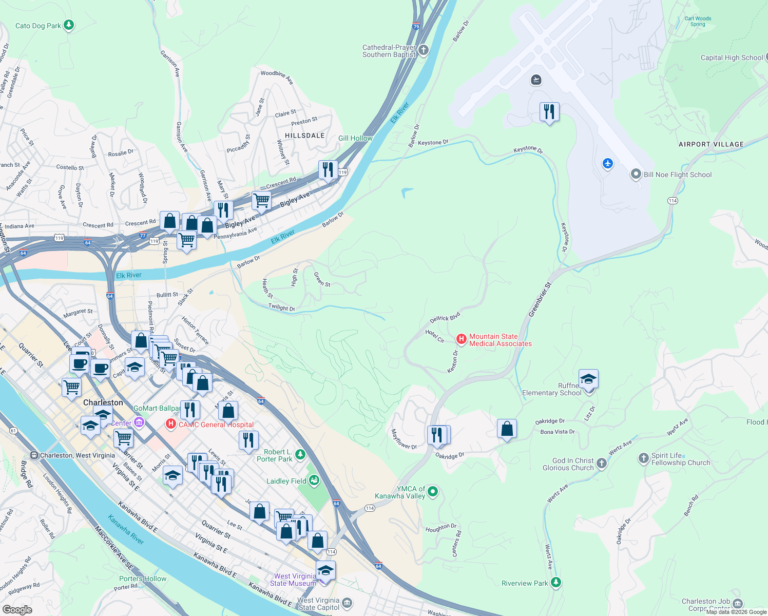 map of restaurants, bars, coffee shops, grocery stores, and more near 800 Association Drive in Charleston