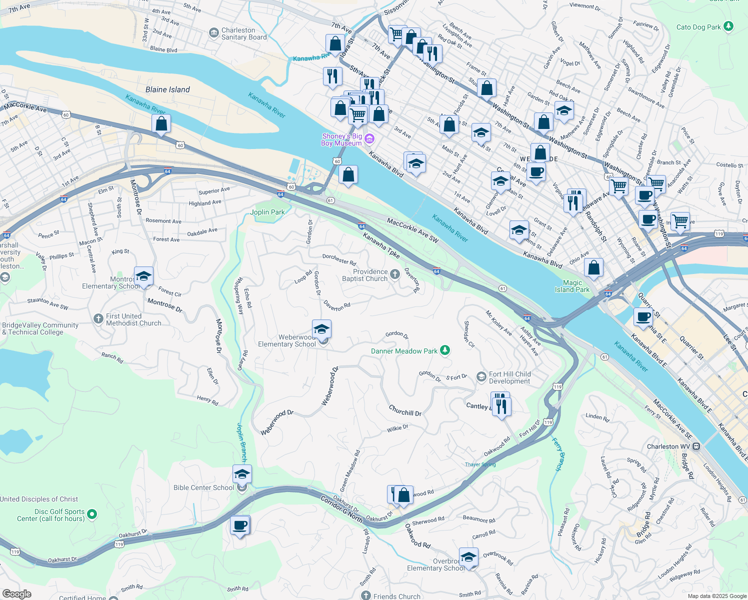 map of restaurants, bars, coffee shops, grocery stores, and more near 750 Daverton Road in Charleston