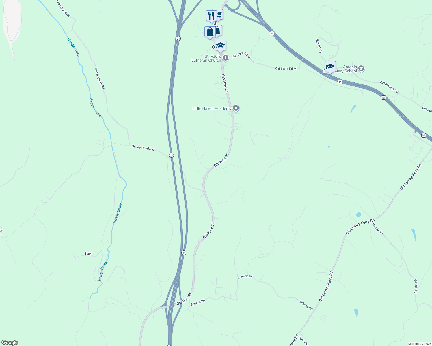 map of restaurants, bars, coffee shops, grocery stores, and more near 1 Deepwoods Lane in Barnhart