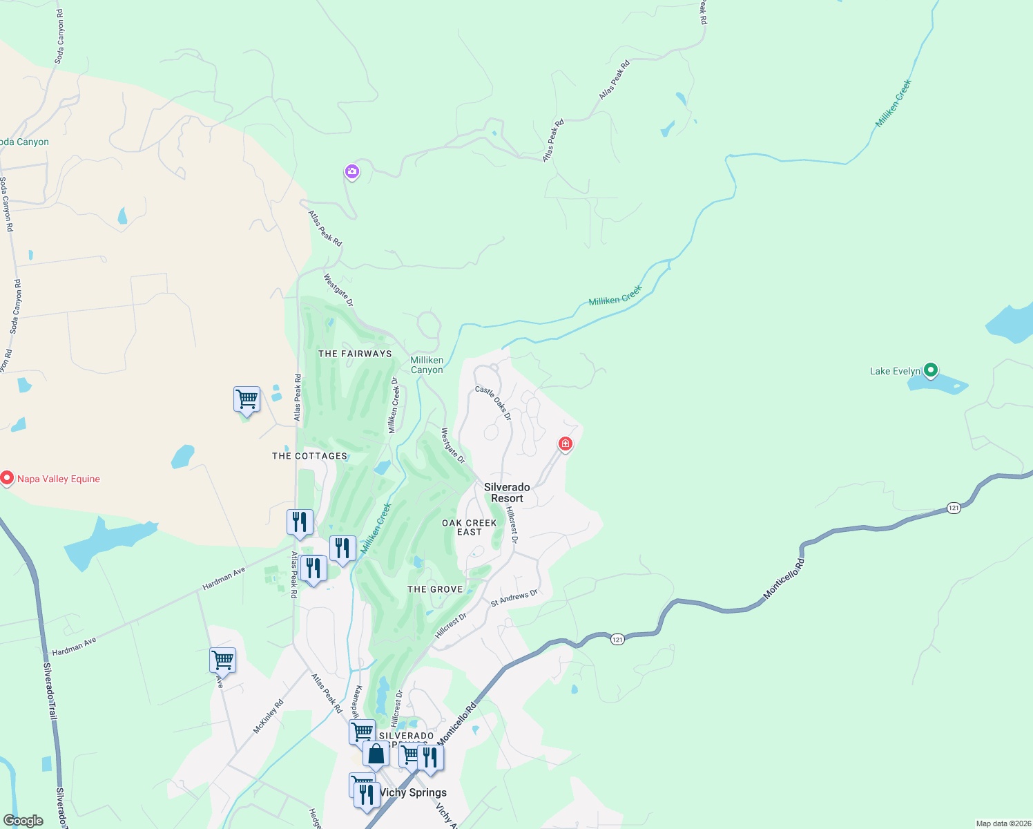 map of restaurants, bars, coffee shops, grocery stores, and more near 401 Bear Creek Circle in Napa
