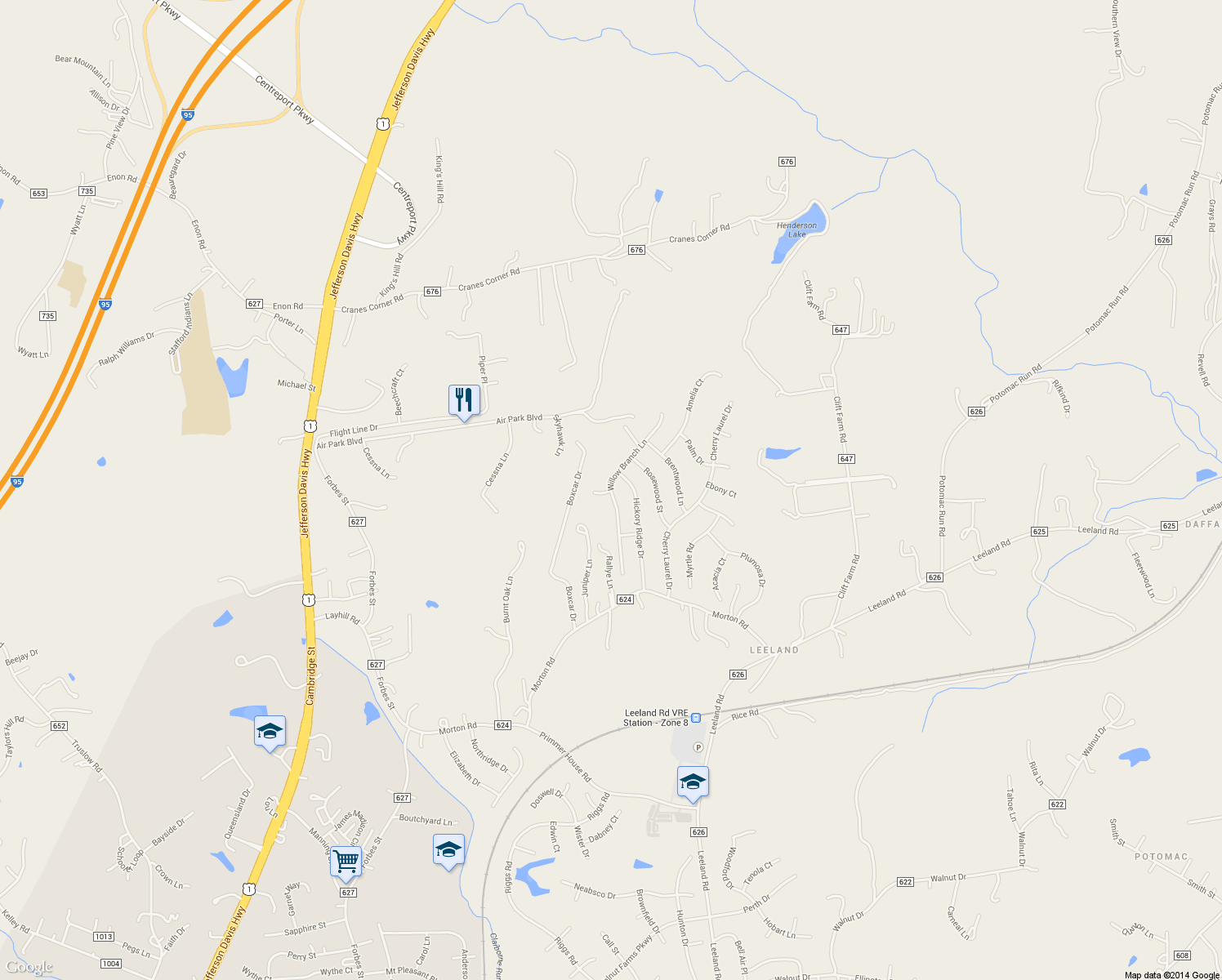 map of restaurants, bars, coffee shops, grocery stores, and more near 54 Willow Branch Place in Fredericksburg