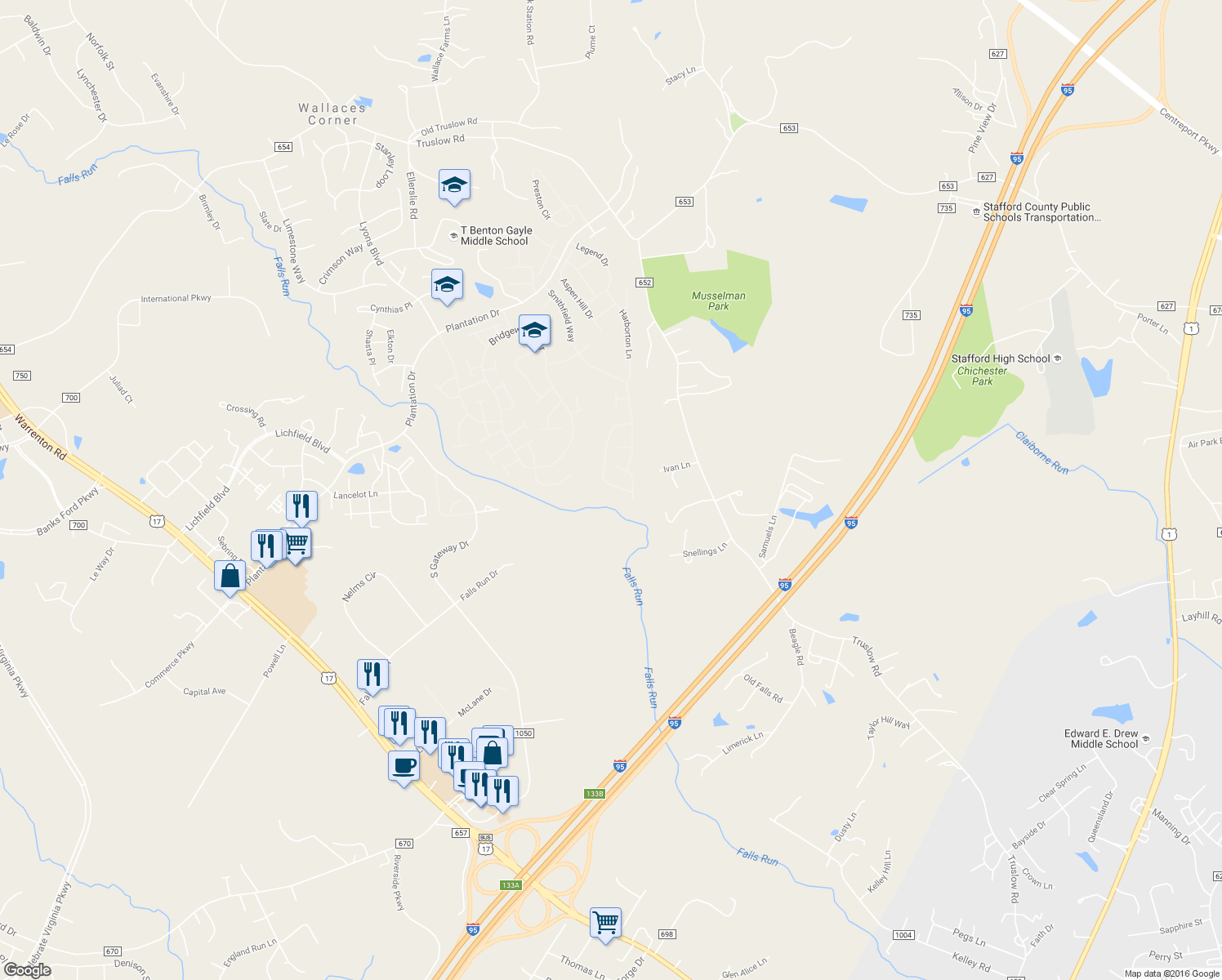 map of restaurants, bars, coffee shops, grocery stores, and more near 44 Goose Creek Cir in Fredericksburg