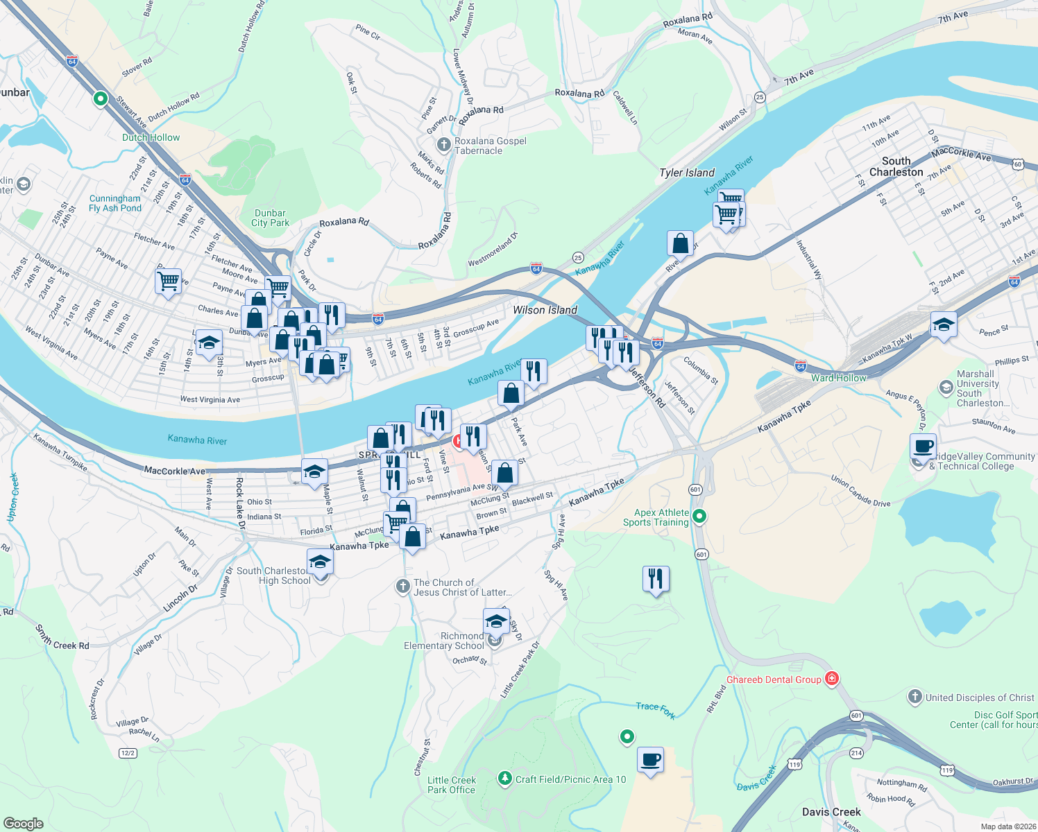 map of restaurants, bars, coffee shops, grocery stores, and more near 4301 Maccorkle Avenue Southwest in Charleston