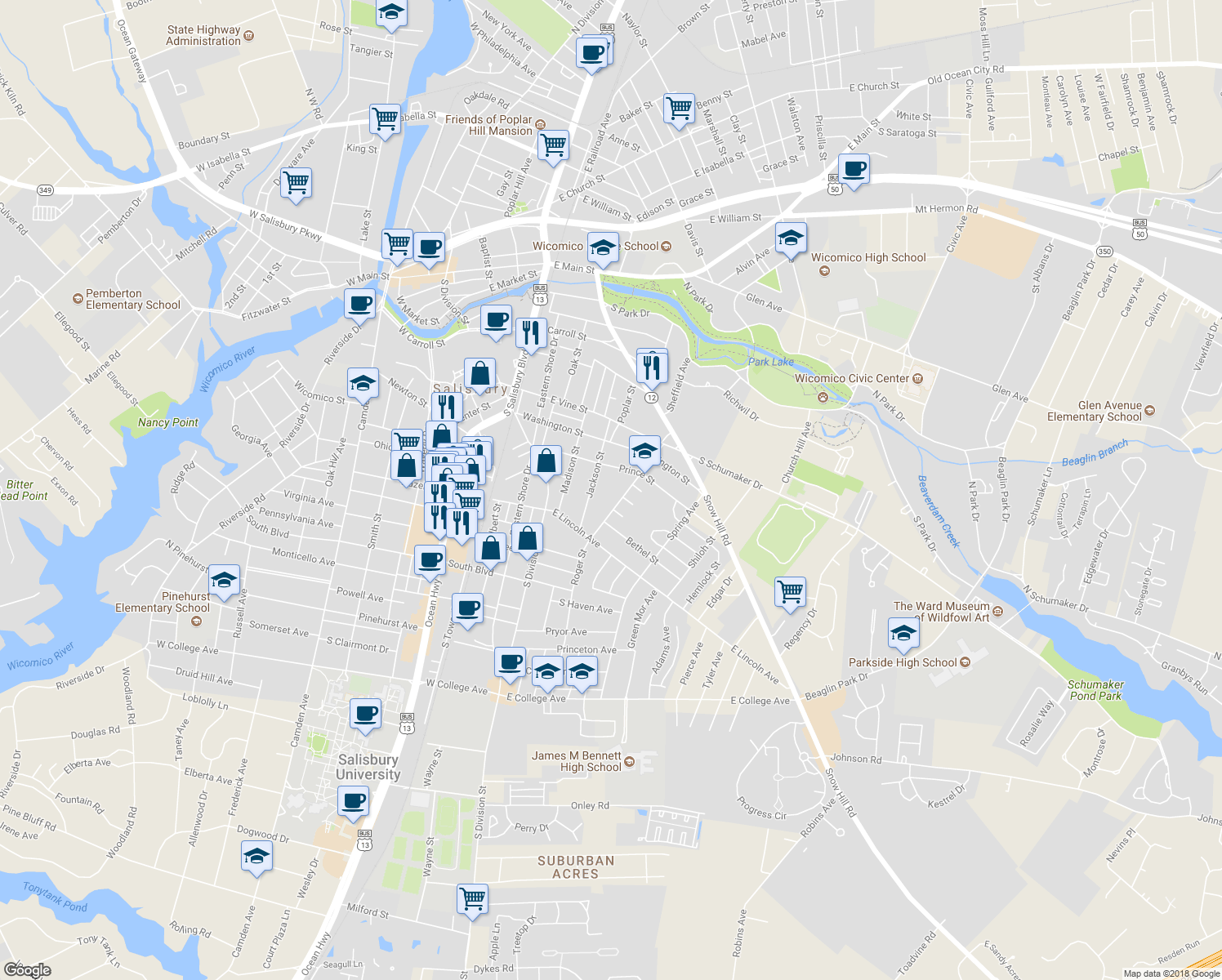 map of restaurants, bars, coffee shops, grocery stores, and more near 710 Roger Street in Salisbury