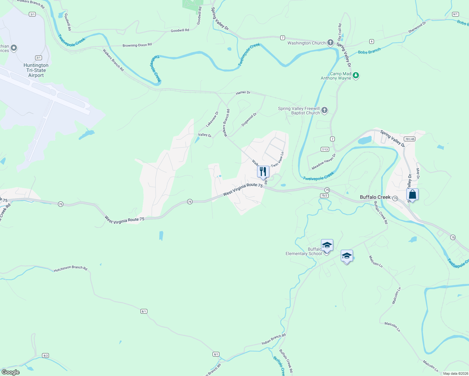 map of restaurants, bars, coffee shops, grocery stores, and more near 3101 Jorclay Drive in Huntington