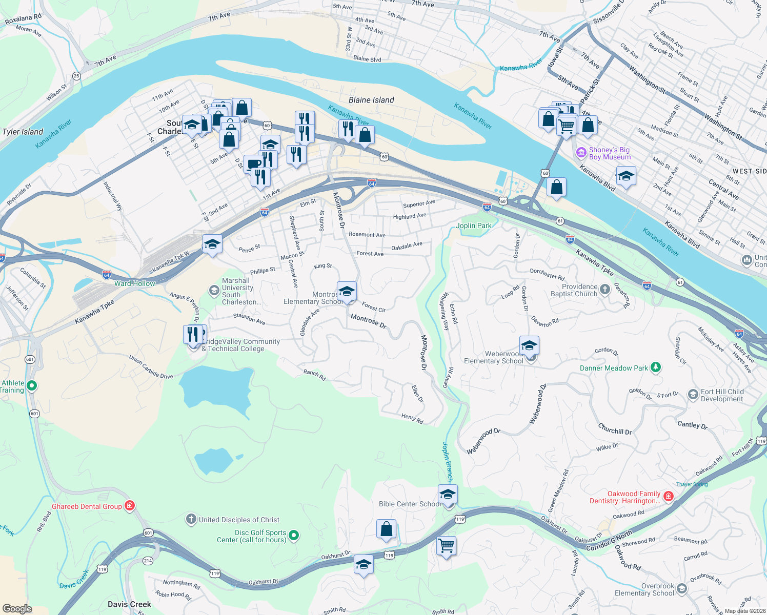 map of restaurants, bars, coffee shops, grocery stores, and more near 690 Forest Circle in Charleston