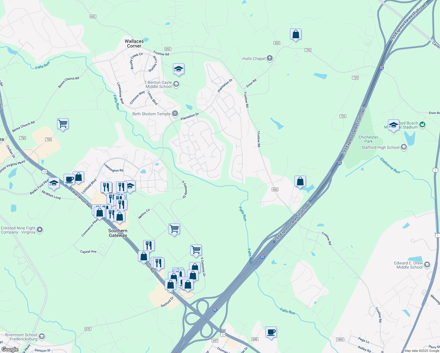 map of restaurants, bars, coffee shops, grocery stores, and more near 24 Shadwell Court in Fredericksburg