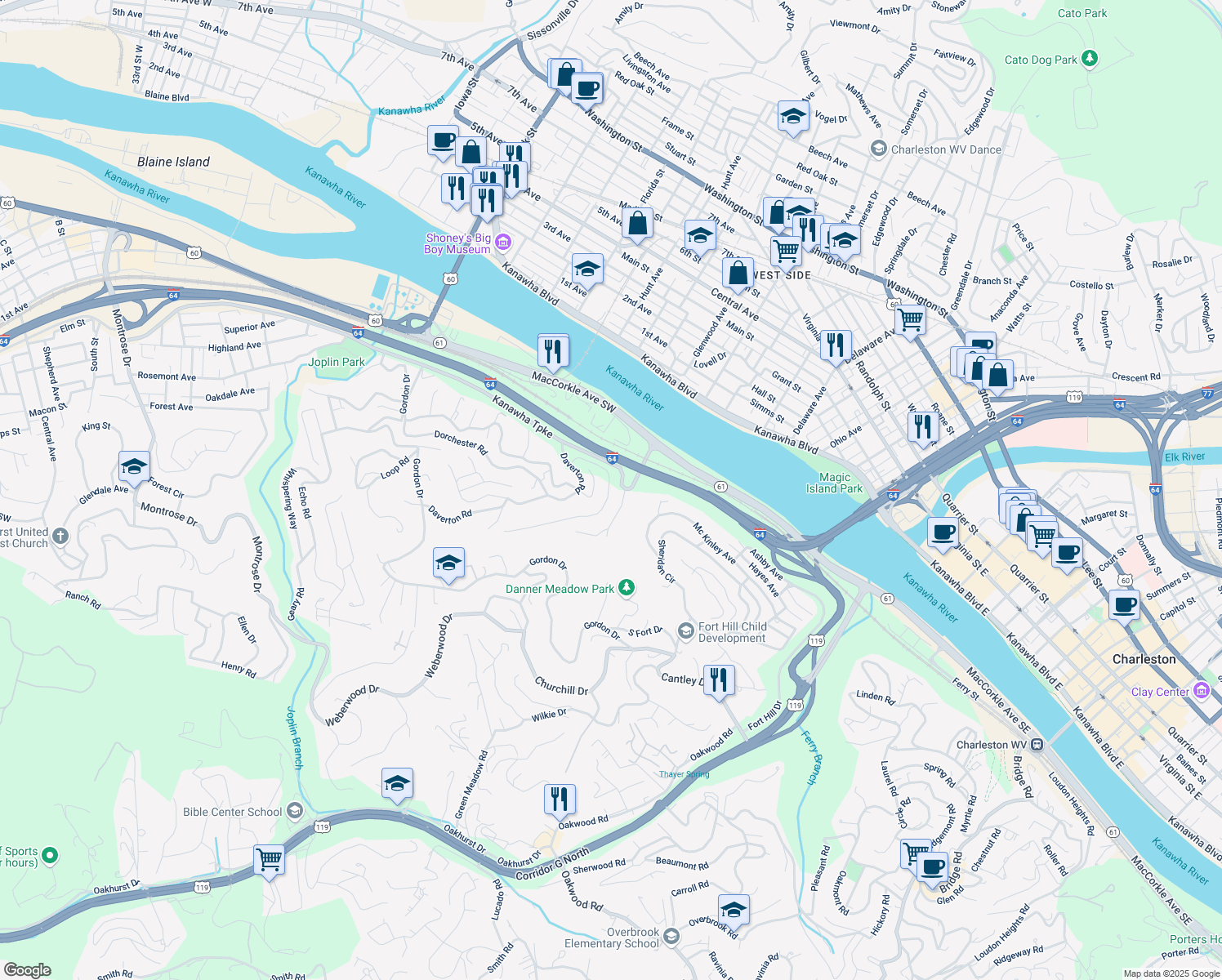 map of restaurants, bars, coffee shops, grocery stores, and more near 606 Wayside Drive in Charleston