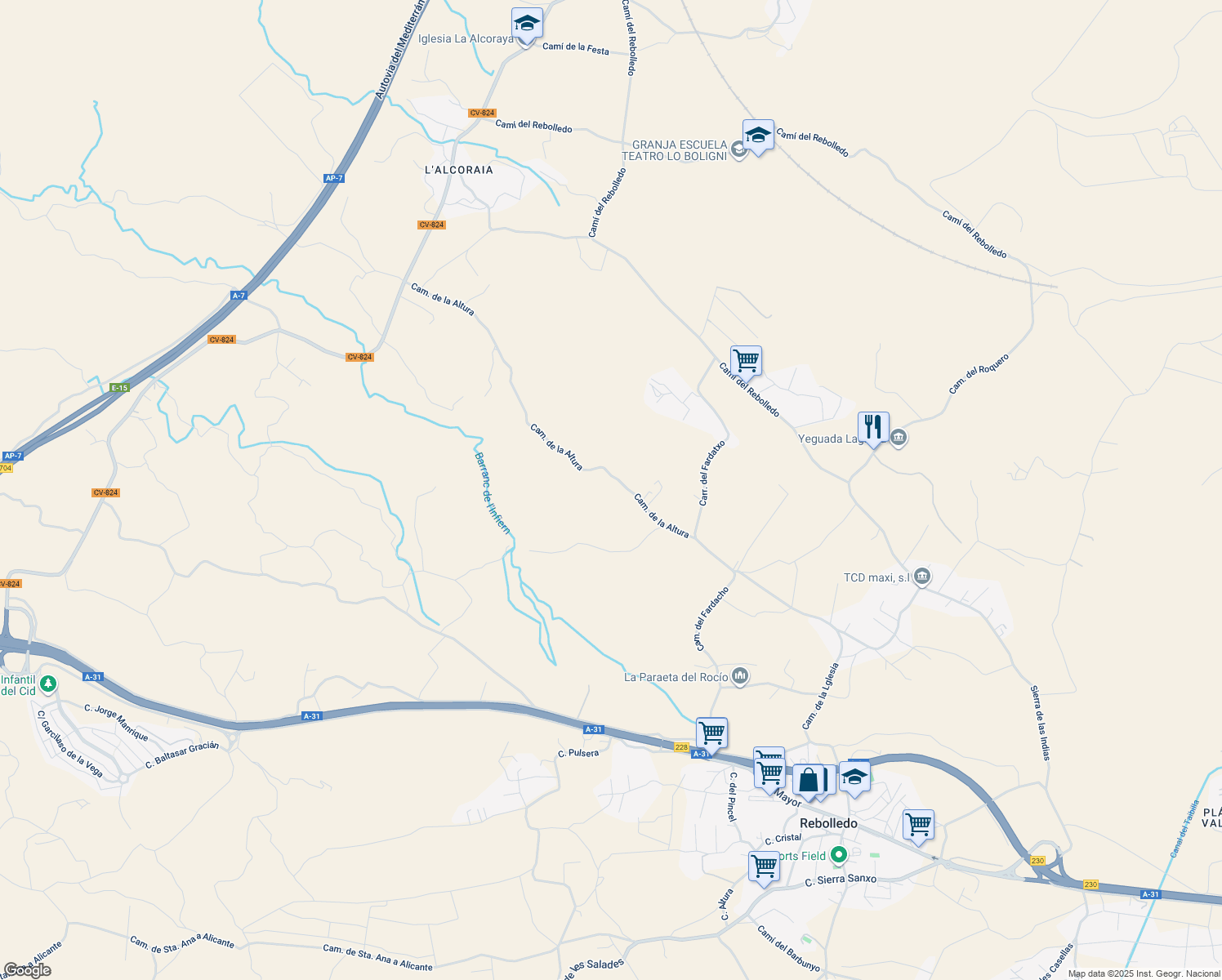 map of restaurants, bars, coffee shops, grocery stores, and more near 60 Camino de la Altura in Alacant