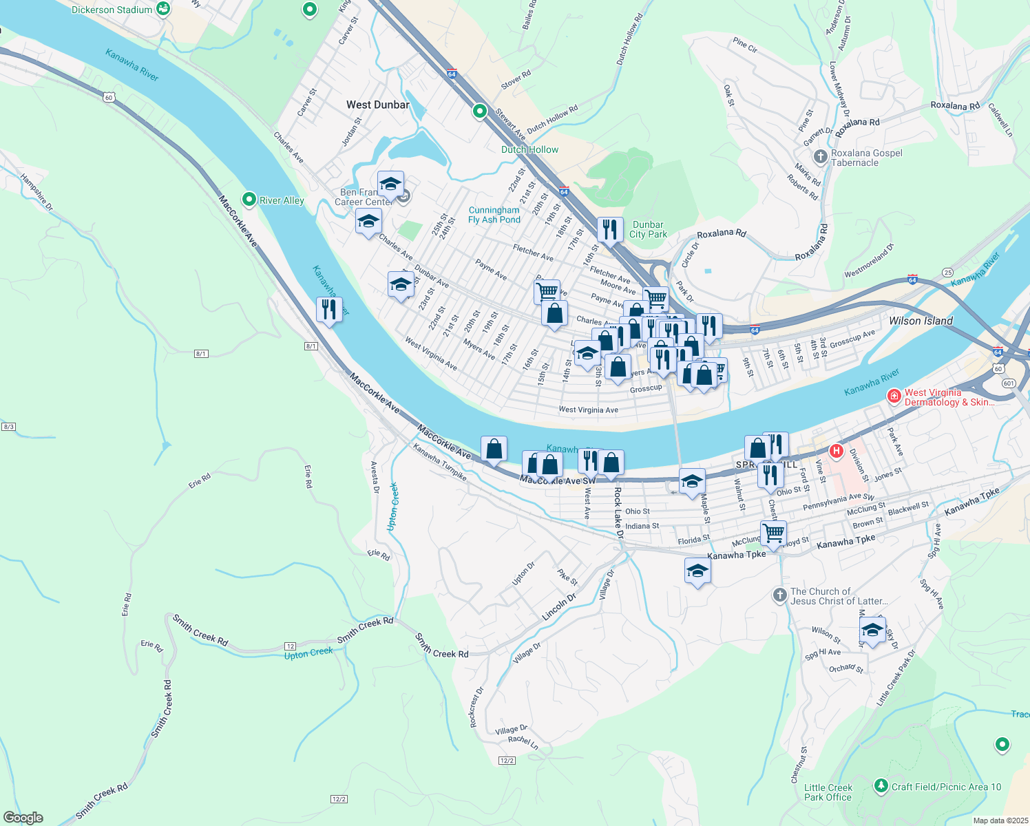 map of restaurants, bars, coffee shops, grocery stores, and more near 1516 Kanawha Avenue in Dunbar