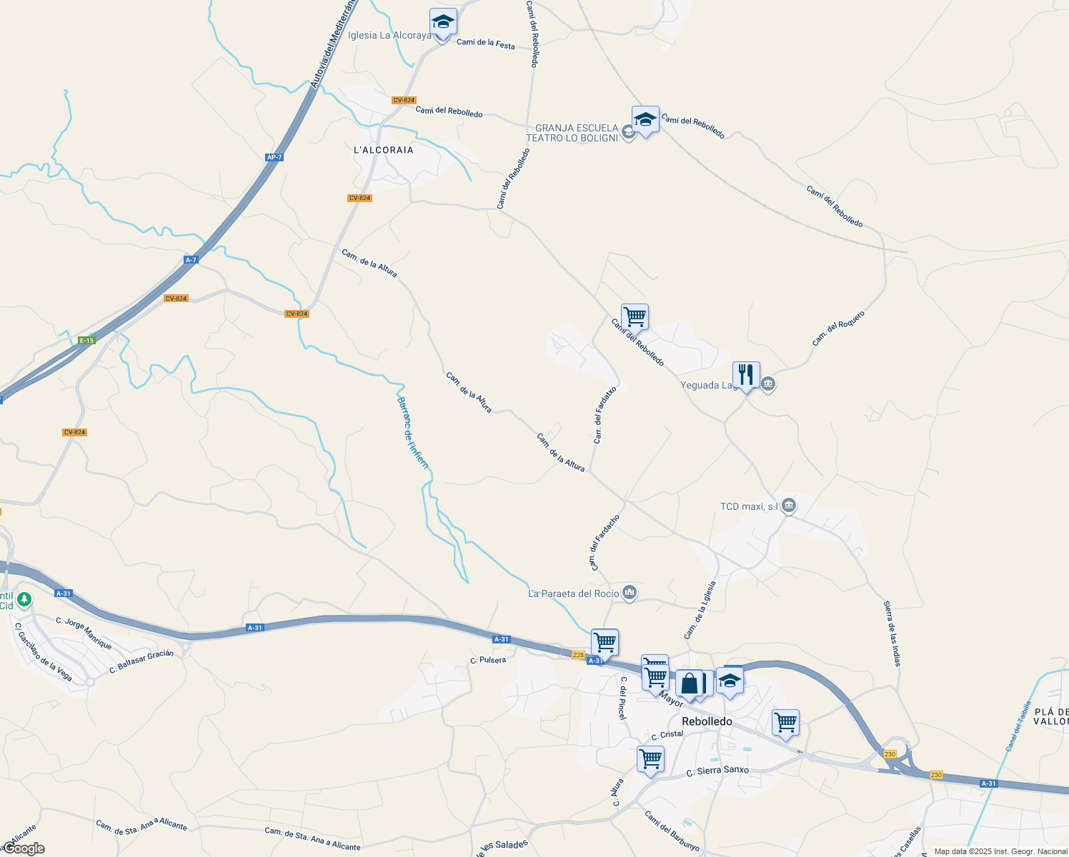 map of restaurants, bars, coffee shops, grocery stores, and more near 60 Camino de la Altura in Alacant