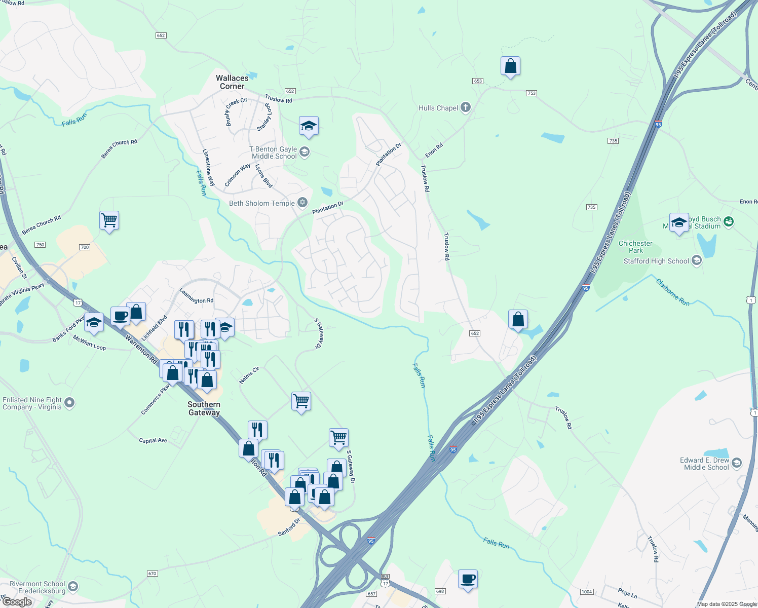 map of restaurants, bars, coffee shops, grocery stores, and more near 25 Shadwell Court in Fredericksburg
