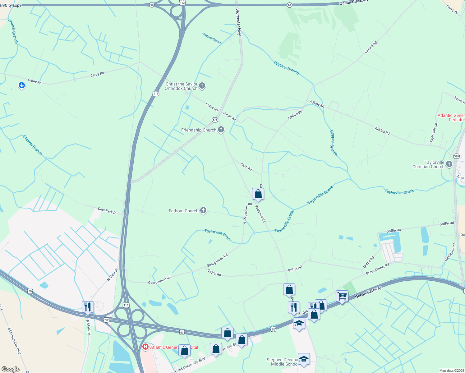 map of restaurants, bars, coffee shops, grocery stores, and more near 10349 Friendship Road in Berlin
