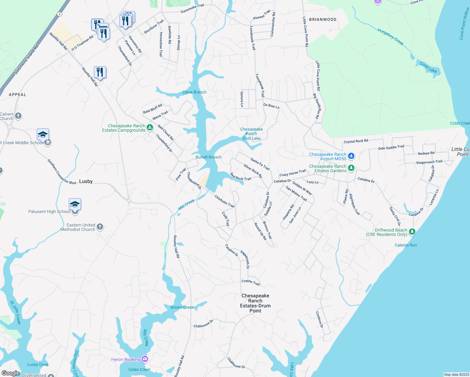 map of restaurants, bars, coffee shops, grocery stores, and more near 12446 Dalton Trail in Lusby