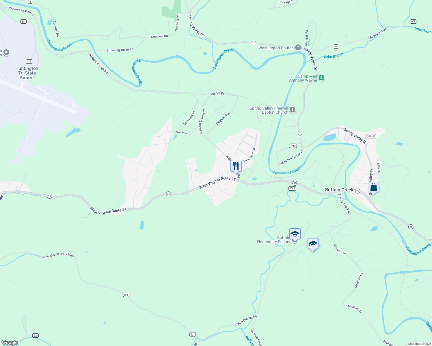 map of restaurants, bars, coffee shops, grocery stores, and more near 2612 West Virginia 75 in Kenova