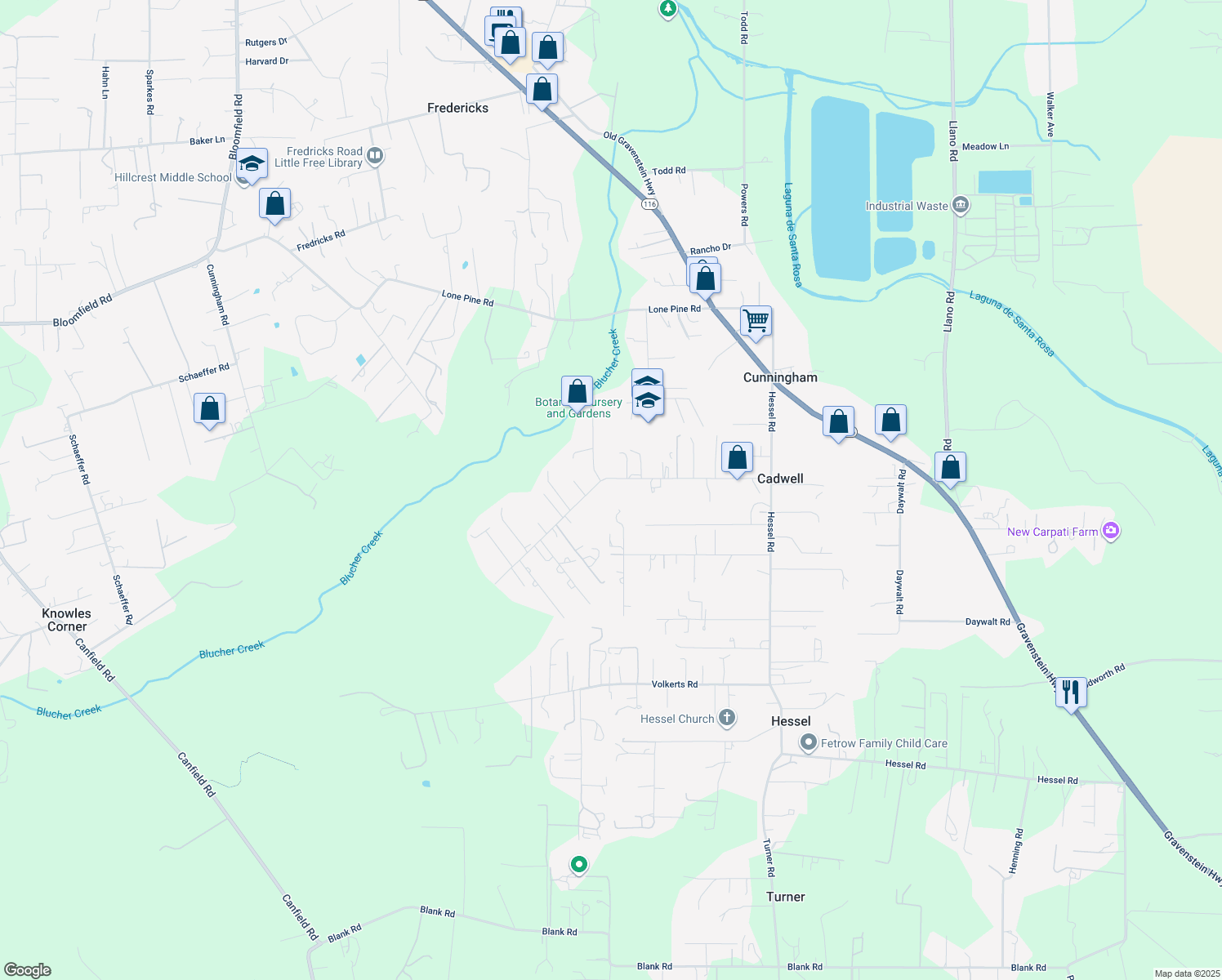 map of restaurants, bars, coffee shops, grocery stores, and more near 5457 McFarlane Road in Sebastopol