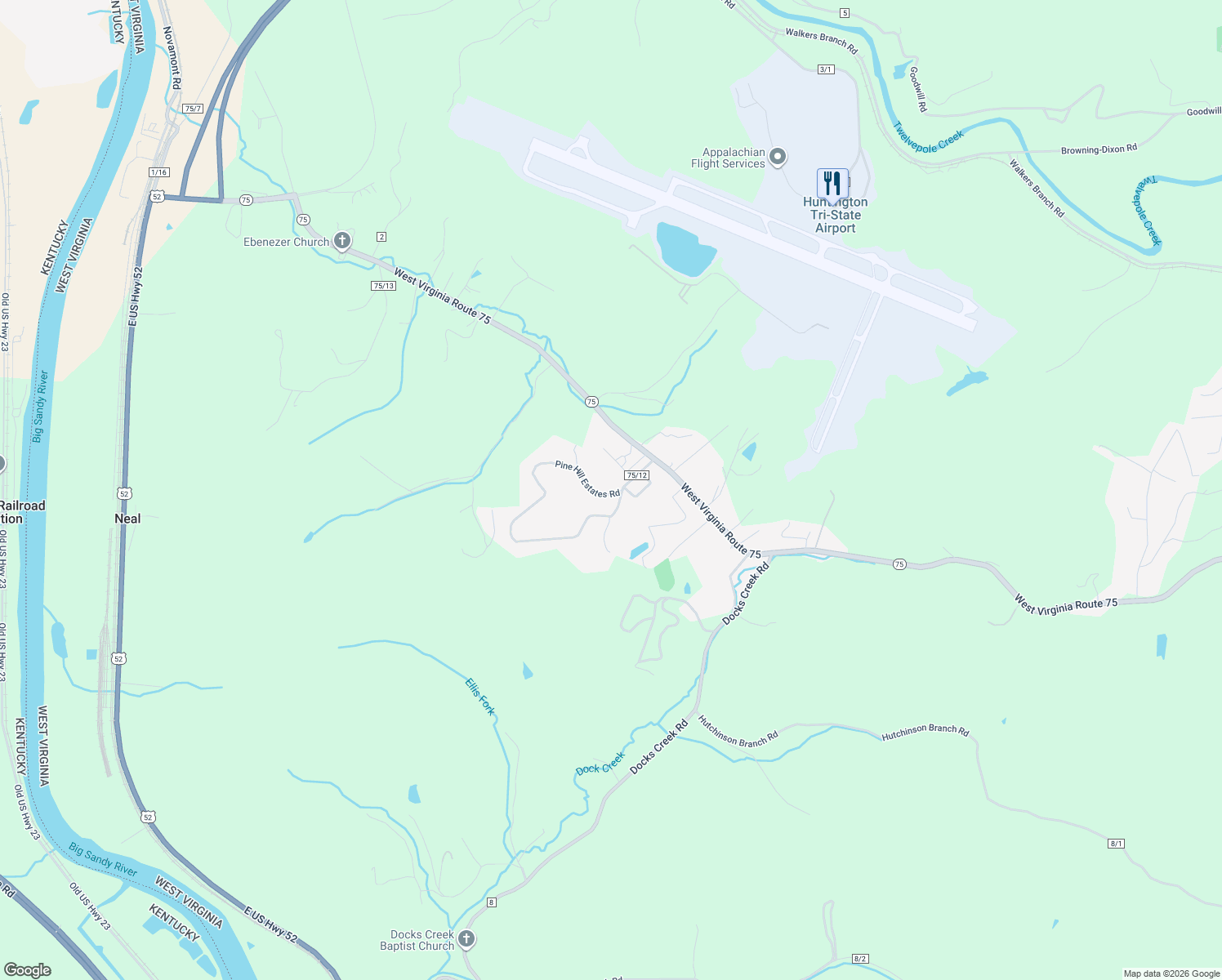 map of restaurants, bars, coffee shops, grocery stores, and more near 130 Pinehill Estates in Kenova