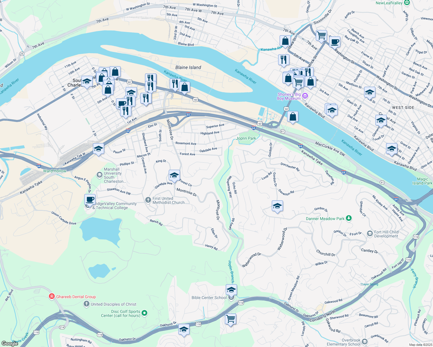 map of restaurants, bars, coffee shops, grocery stores, and more near 655 Forest Circle in Charleston